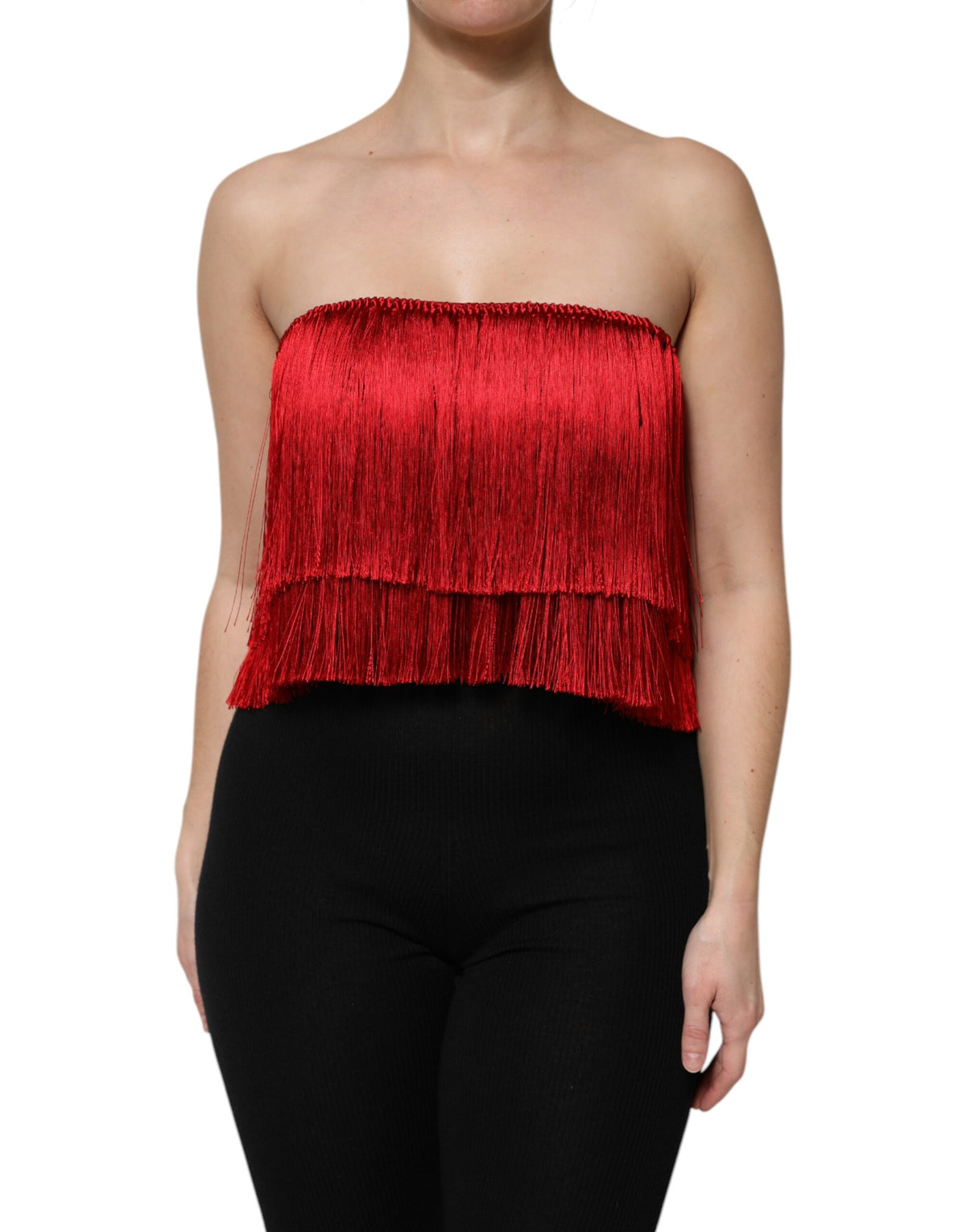 New Dolce & Gabbana Red Silk Strapless Fringe Crop Tube Top