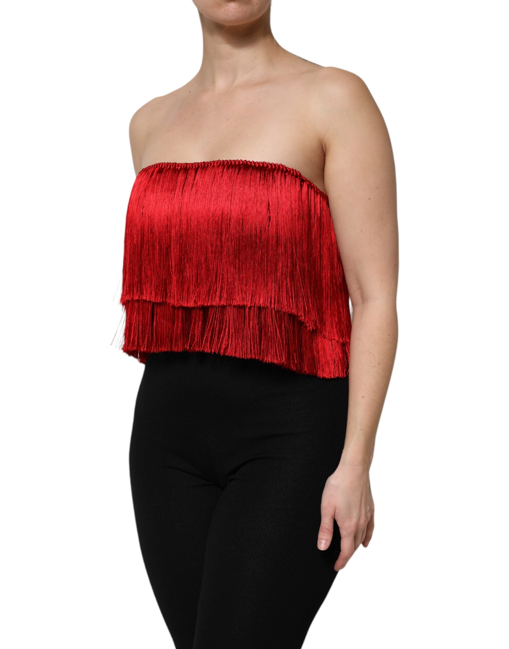 New Dolce & Gabbana Red Silk Strapless Fringe Crop Tube Top
