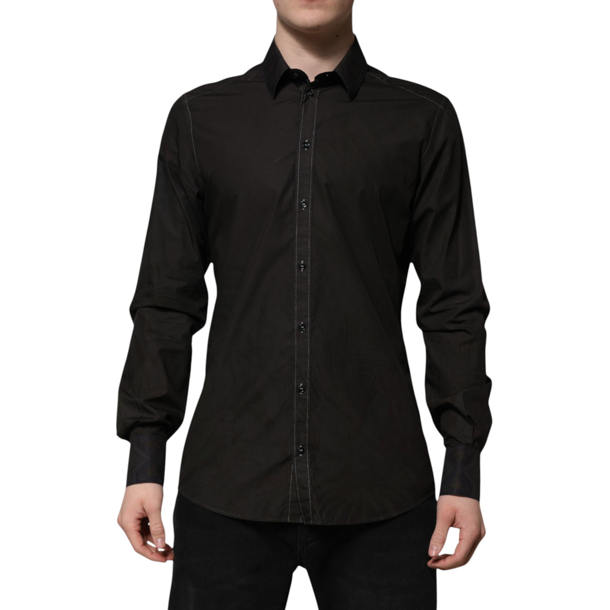 New Dolce & Gabbana Black Cotton Jacquard GOLD Collar Dress Shirt