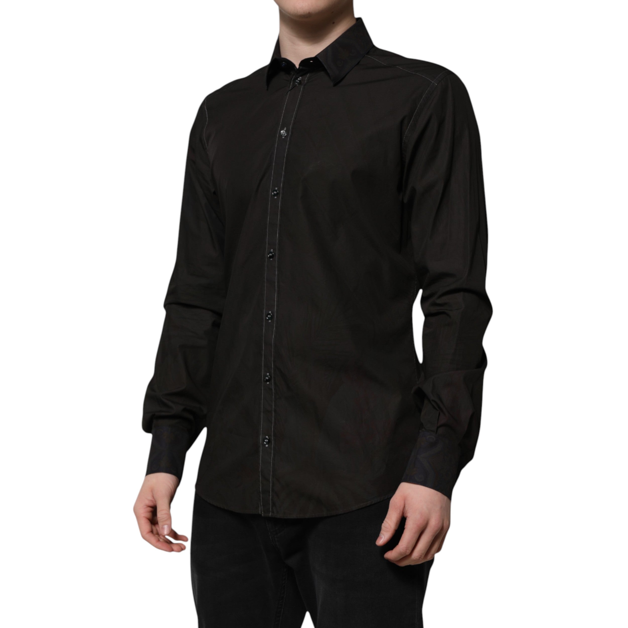 New Dolce & Gabbana Black Cotton Jacquard GOLD Collar Dress Shirt