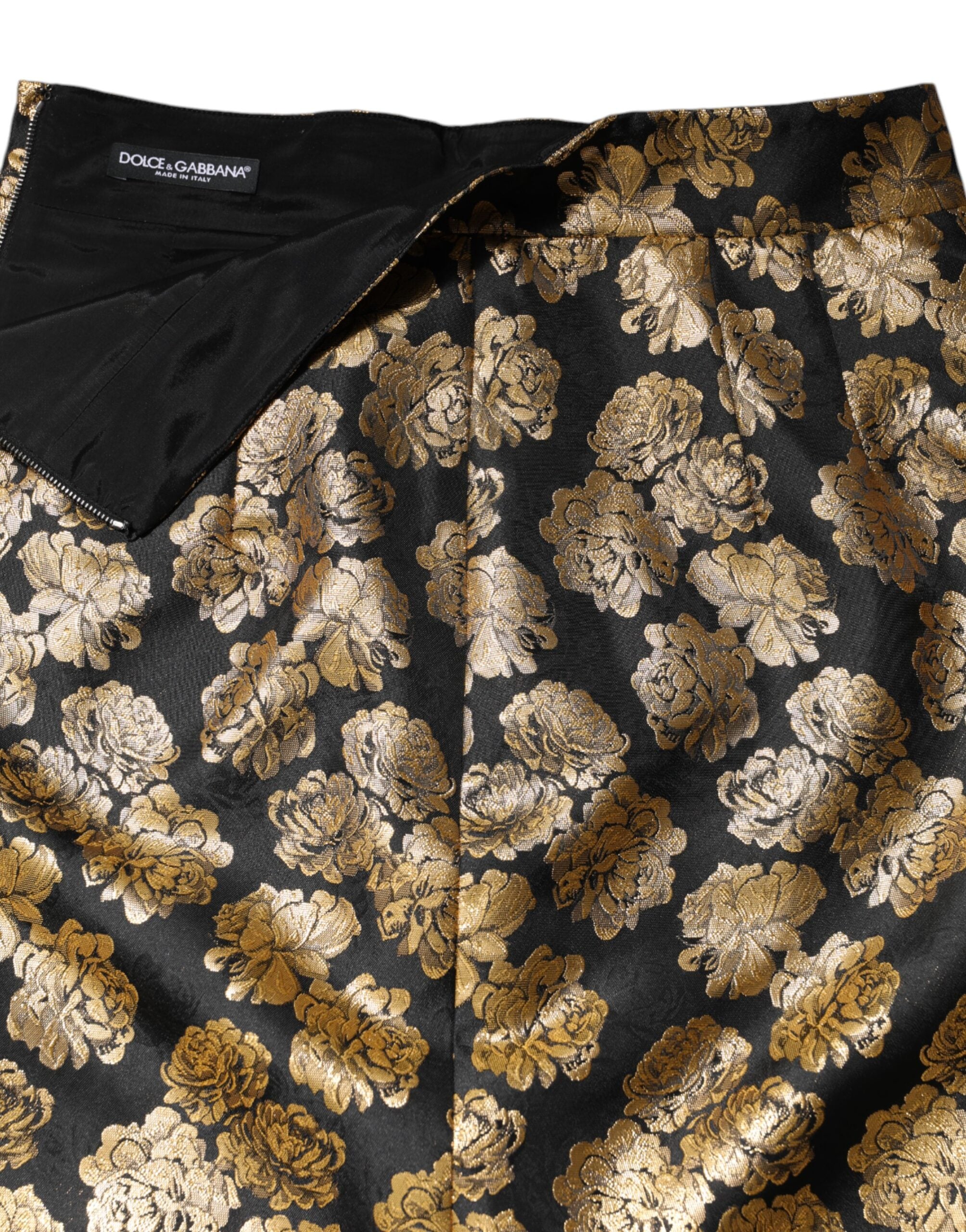 New Dolce & Gabbana Black Gold Floral Print Jacquard Mini Skirt