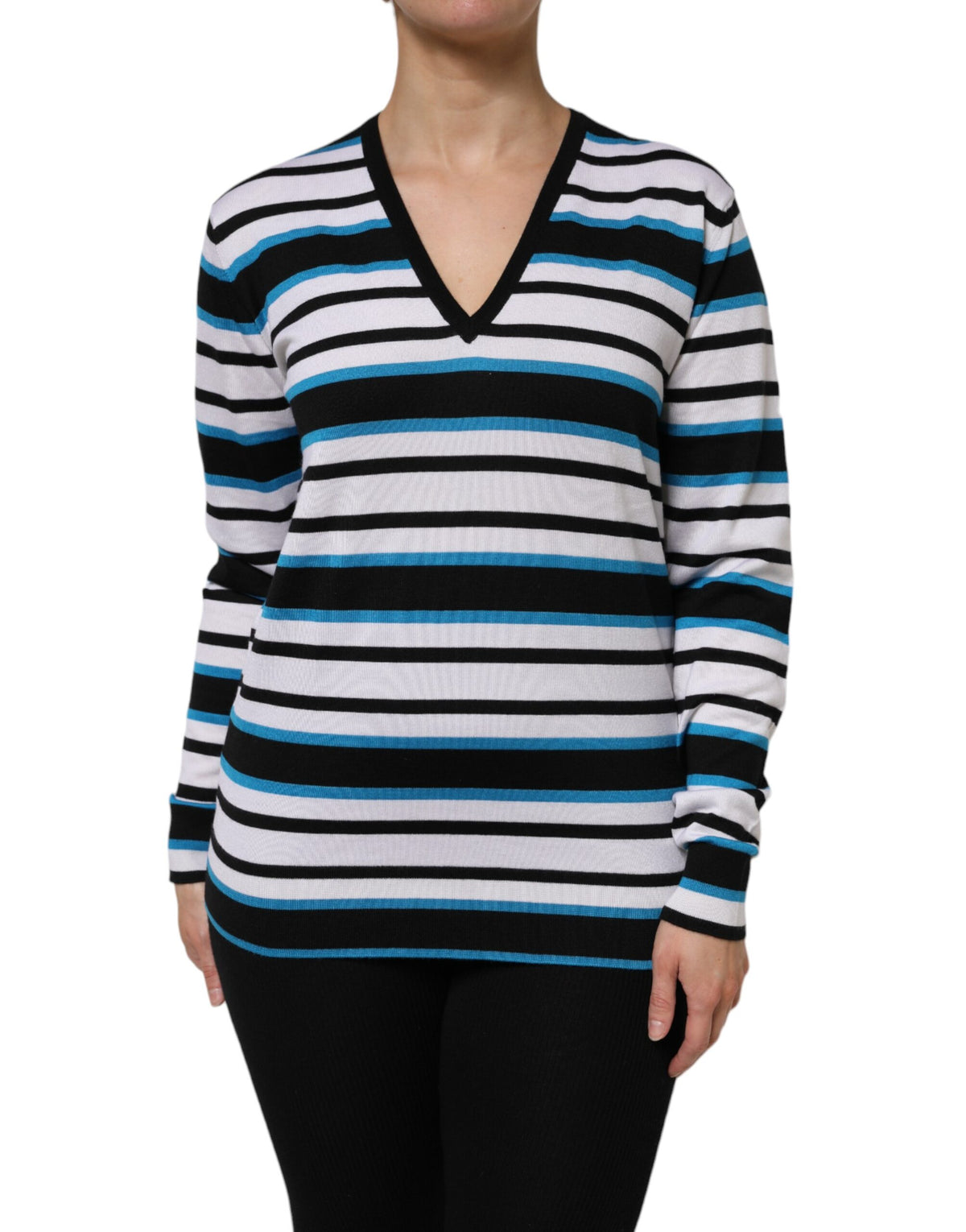 New Dolce & Gabbana Stripes Long Sleeves V-neck Top
