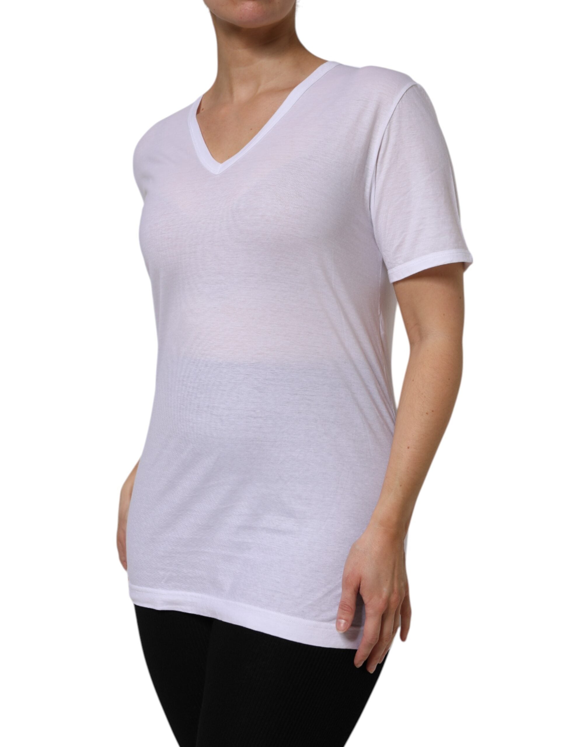 New Dolce & Gabbana White Cotton Short Sleeves V-Neck Top T-shirt