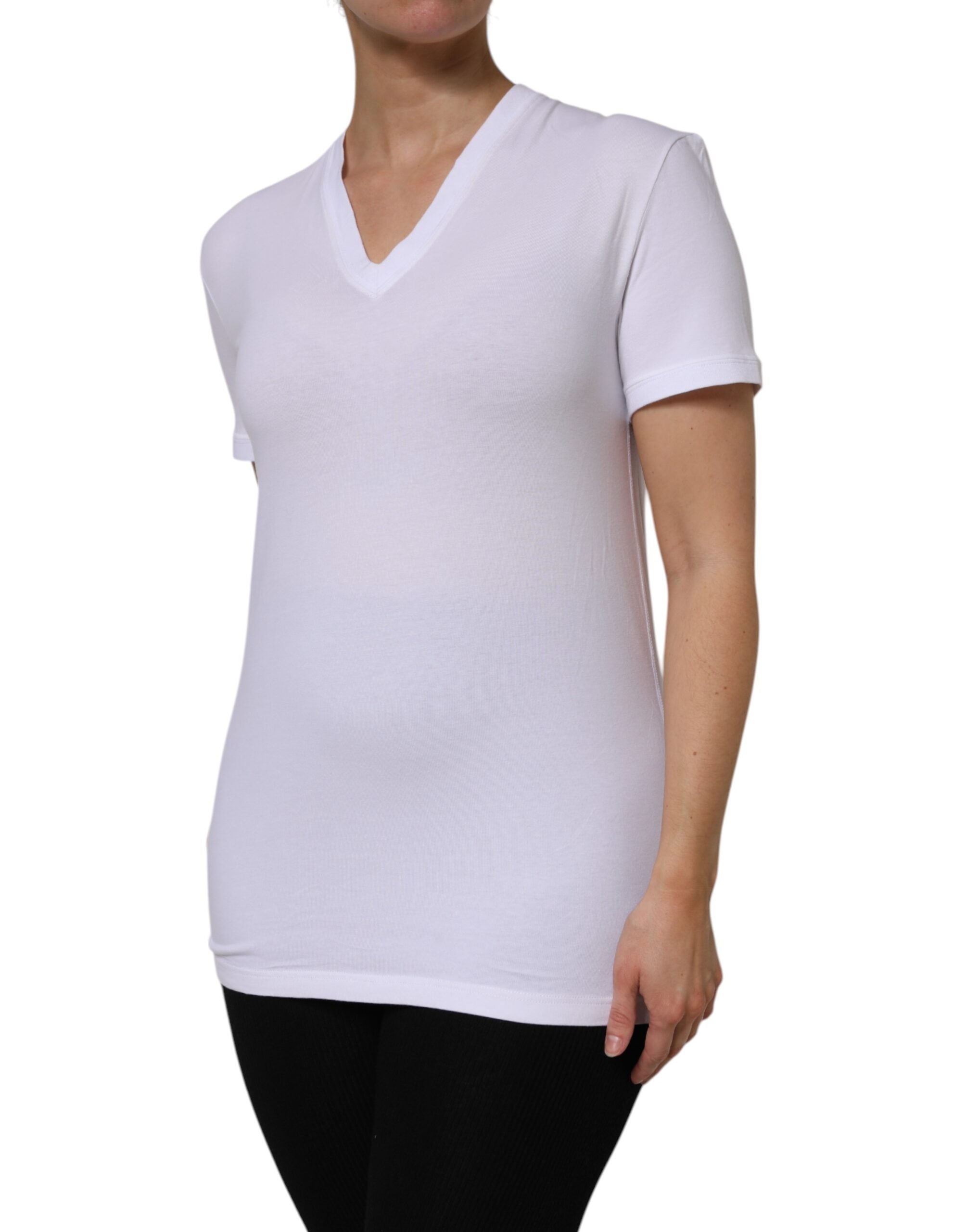 New Dolce & Gabbana White Cotton Short Sleeves V-Neck Top T-shirt