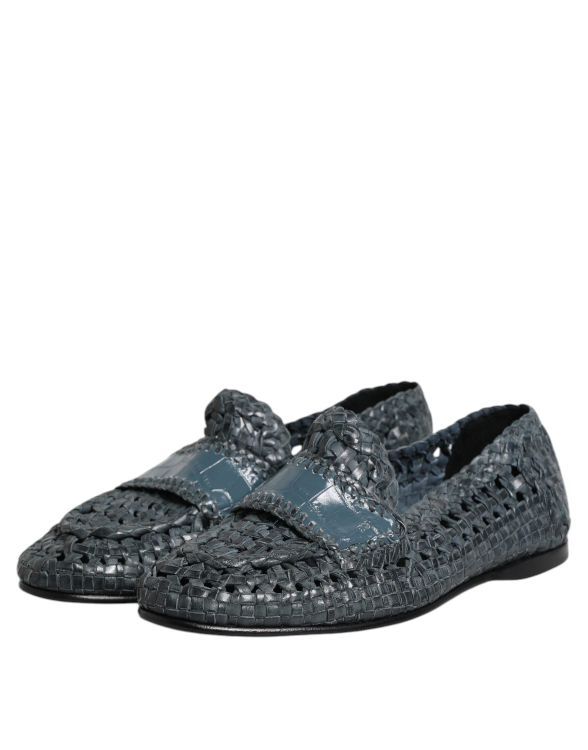 New Dolce & Gabbana Blue Woven Leather Slip On Loafers Shoes