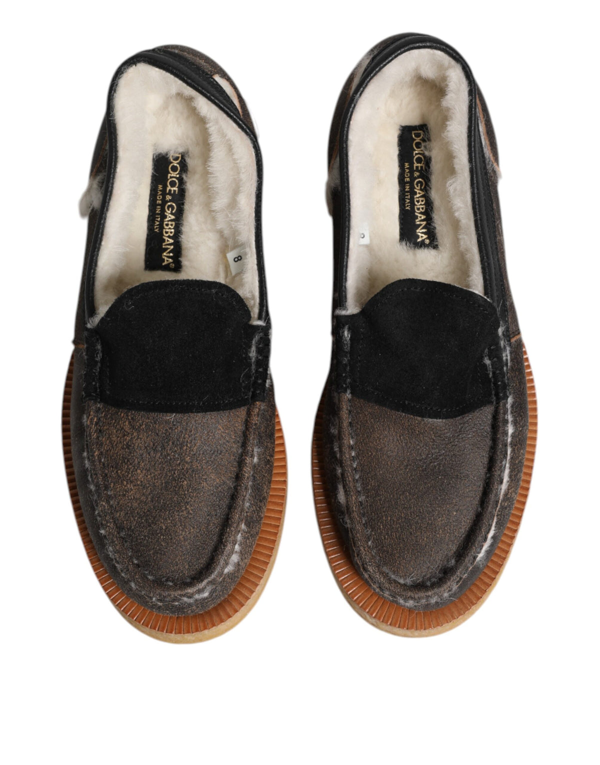 New Dolce & Gabbana Brown White Calfskin Leather Loafers Shoes