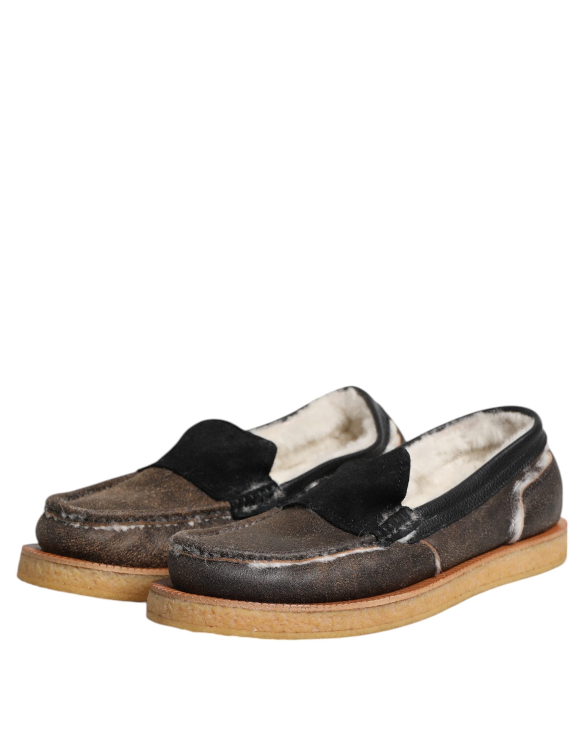 New Dolce & Gabbana Brown White Calfskin Leather Loafers Shoes