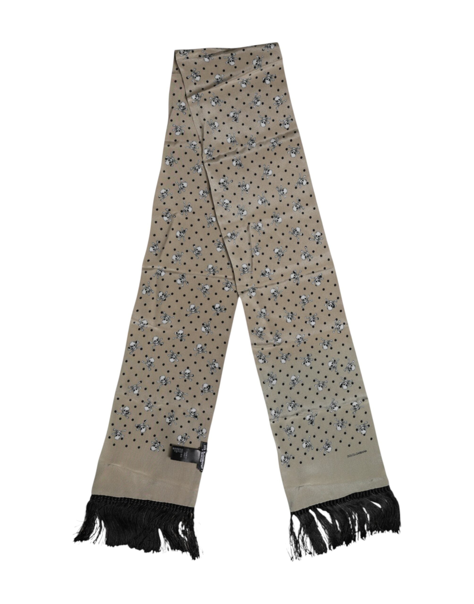 Dolce & Gabbana Gray Skulls Silk Fringes Men Foulard Scarf