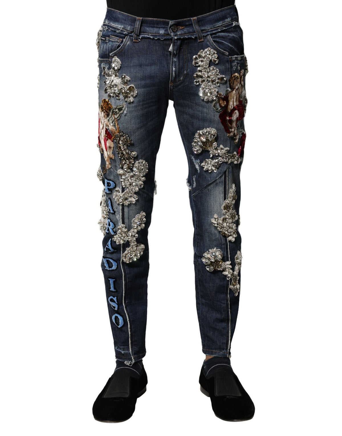 New Dolce & Gabbana Blue Cotton Rhinestone Embellish Denim Jeans