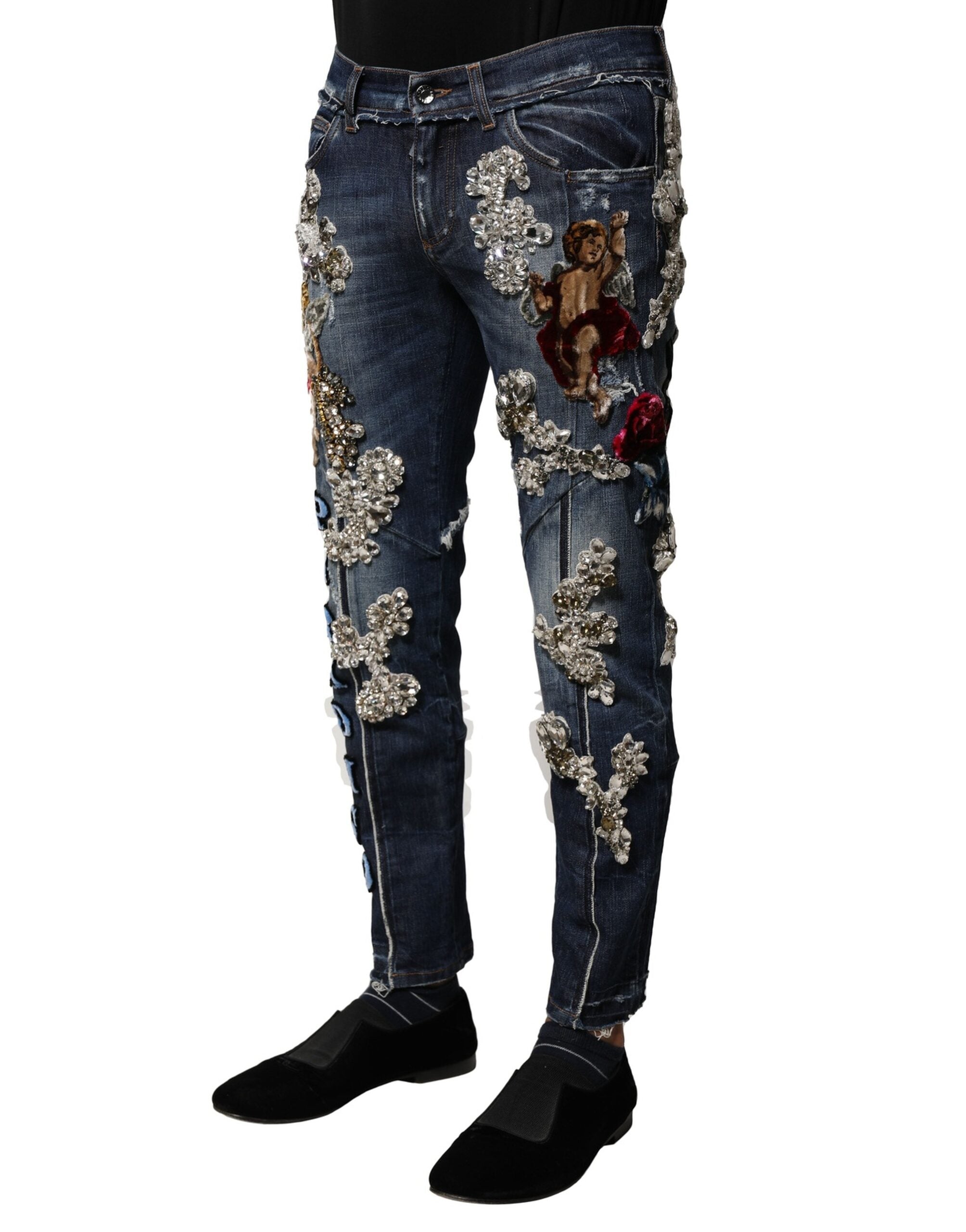 New Dolce & Gabbana Blue Cotton Rhinestone Embellish Denim Jeans