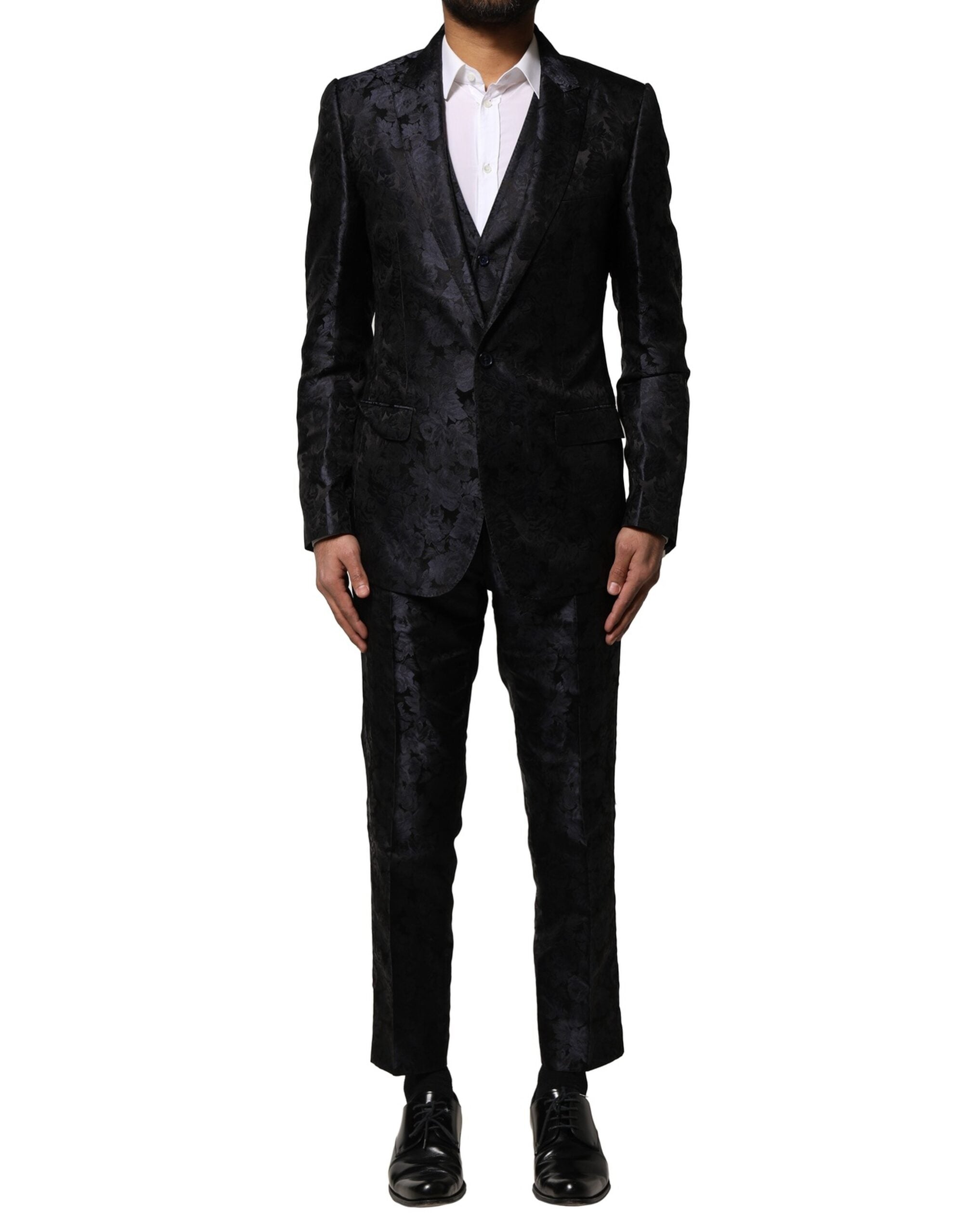Dolce & Gabbana Dark Gray Black Jacquard 3 Piece Single Breasted Suit