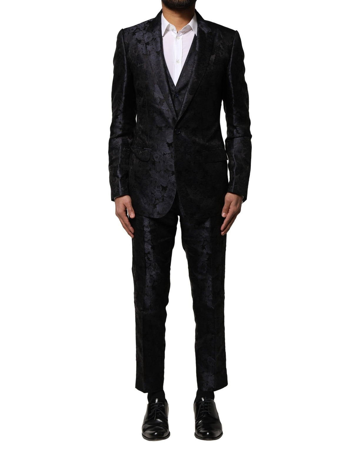 New Dolce & Gabbana Dark Gray Black Jacquard 3 Piece Single Breasted Suit