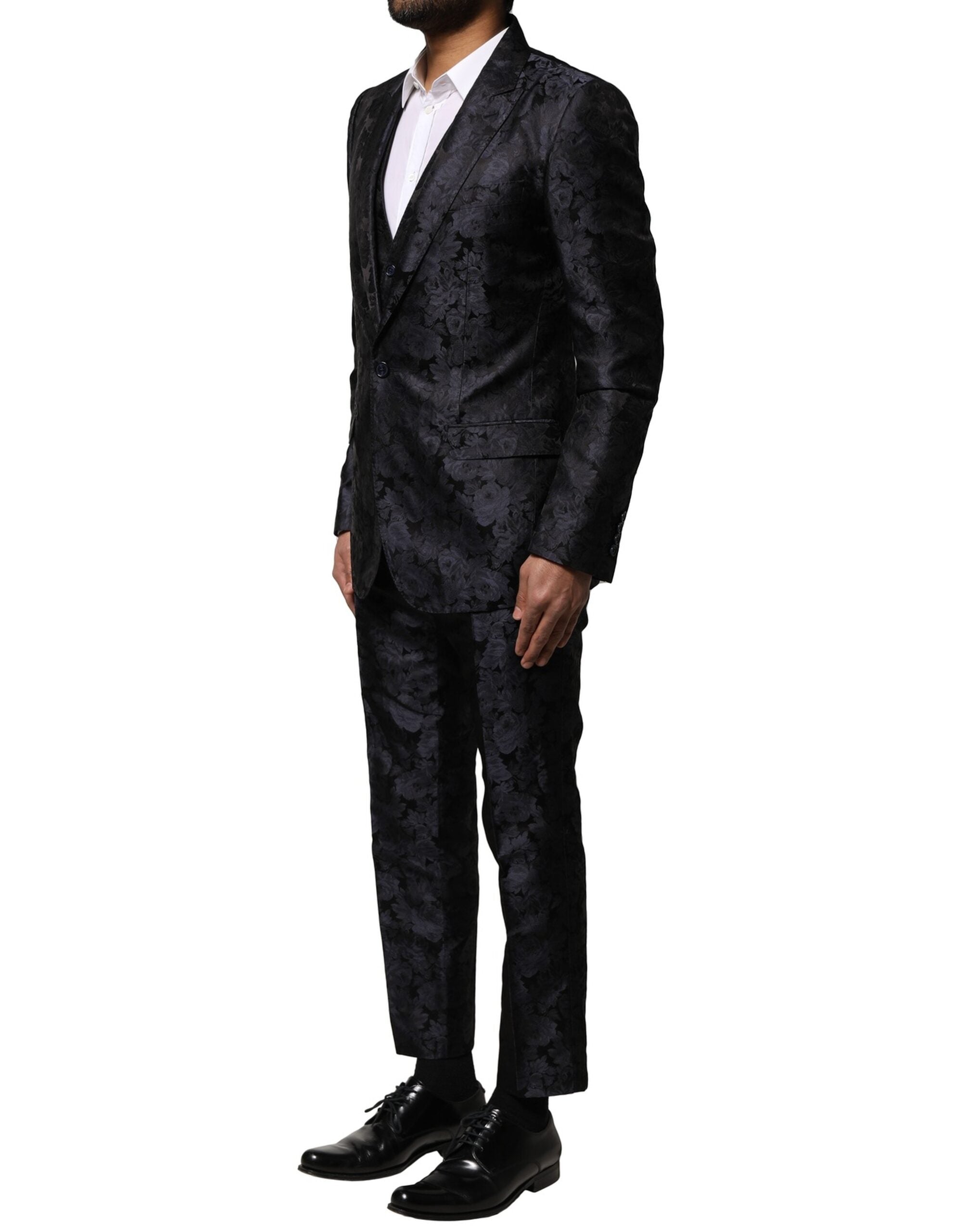 Dolce & Gabbana Dark Gray Black Jacquard 3 Piece Single Breasted Suit