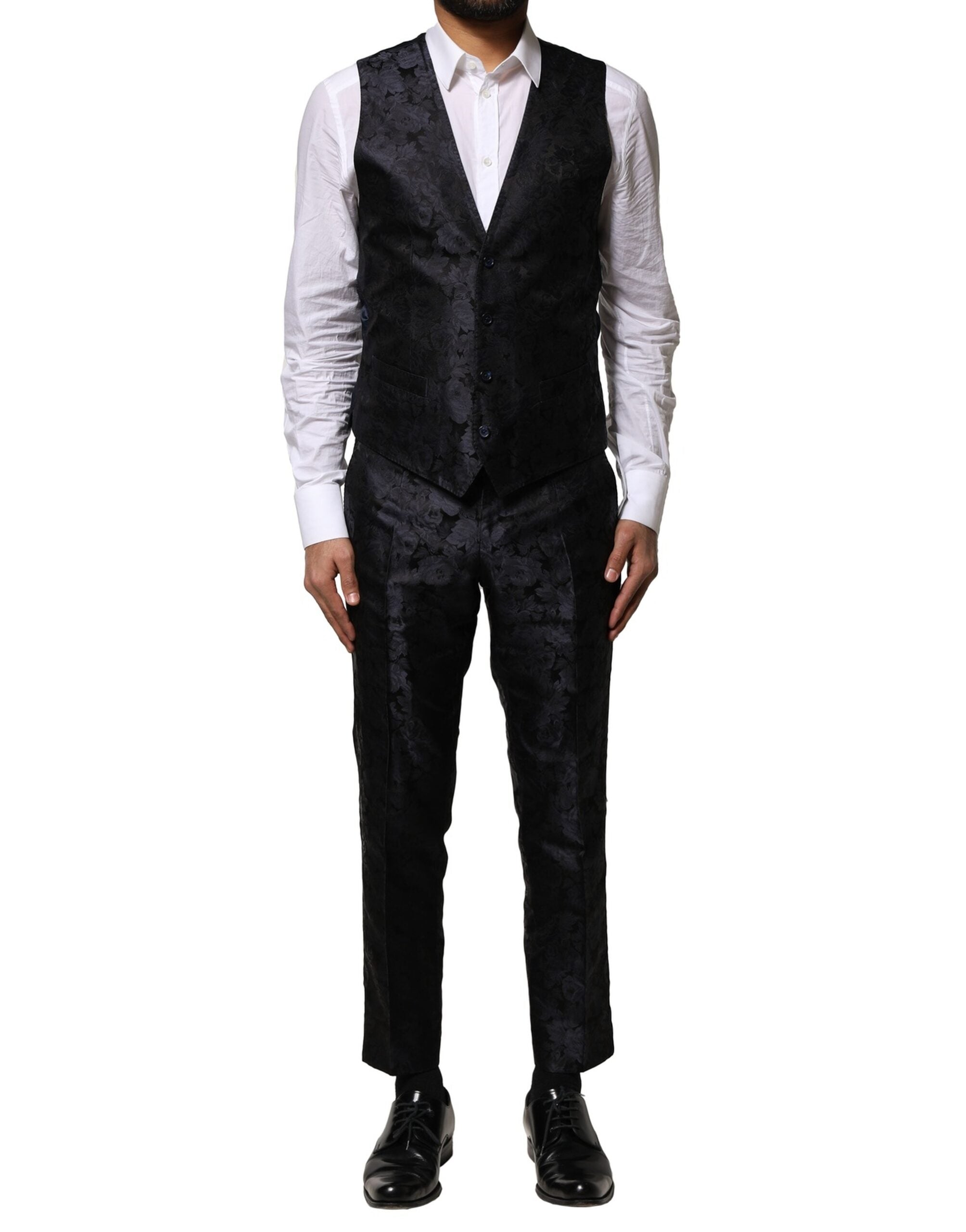 Dolce & Gabbana Dark Gray Black Jacquard 3 Piece Single Breasted Suit