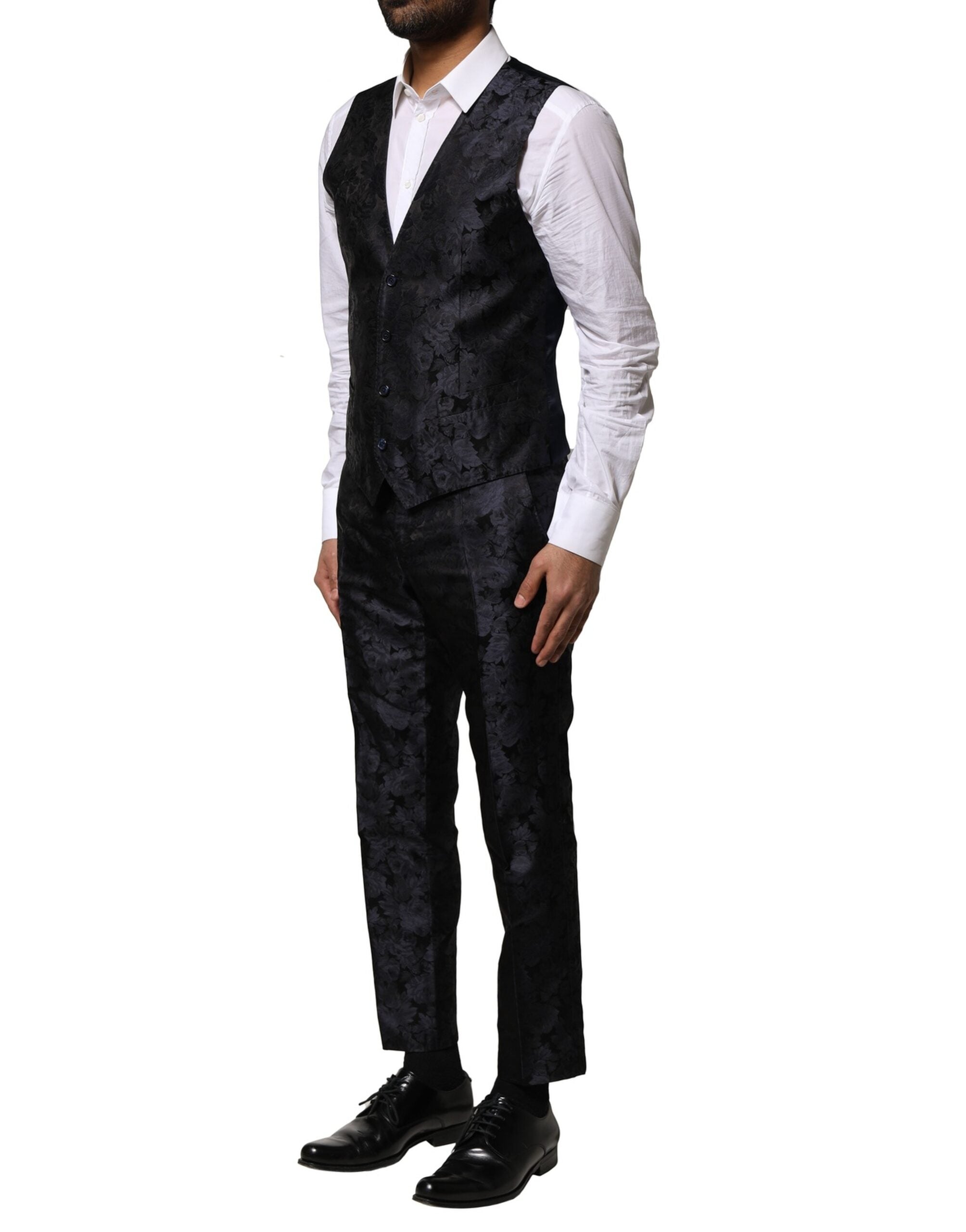 Dolce & Gabbana Dark Gray Black Jacquard 3 Piece Single Breasted Suit