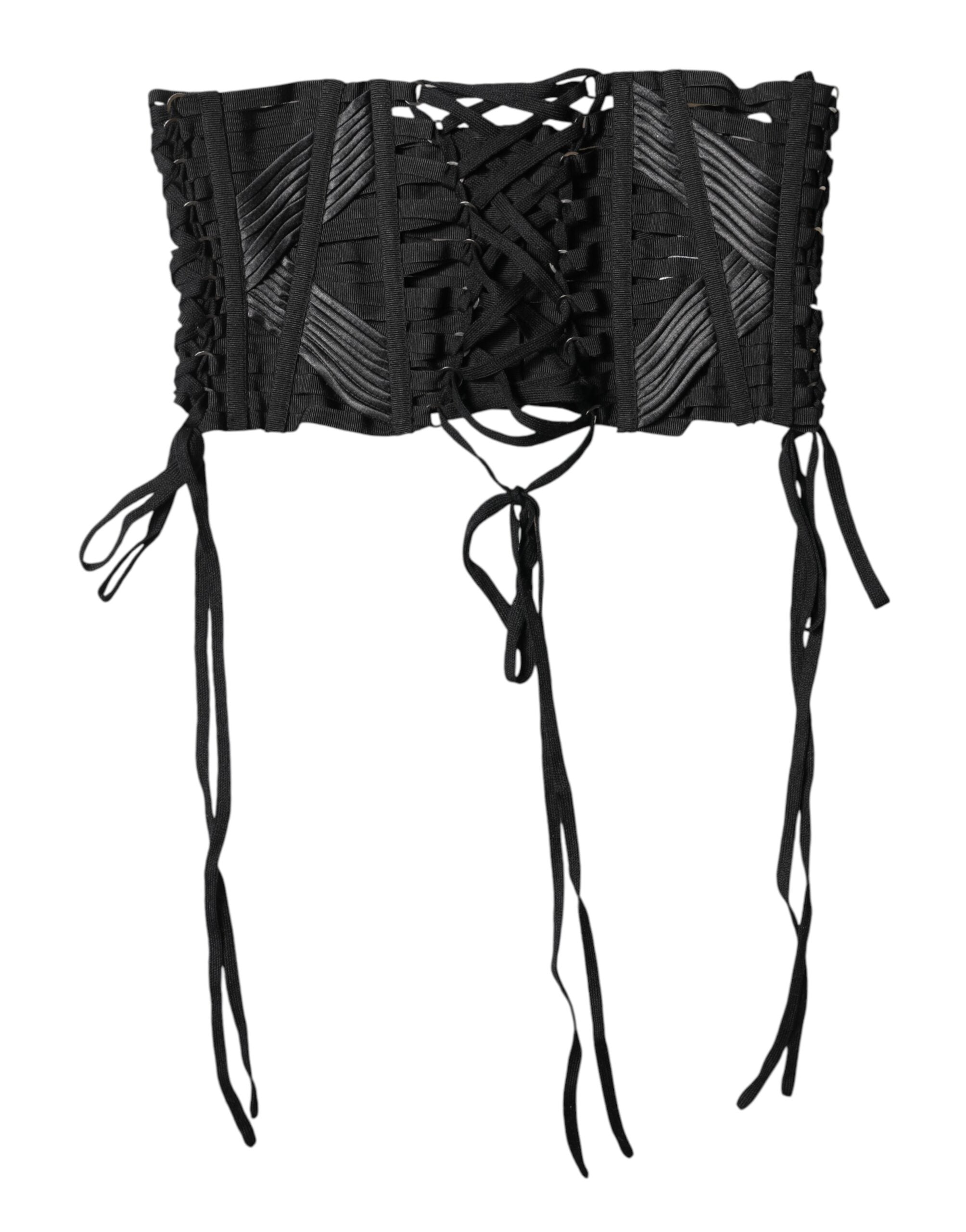 New Dolce & Gabbana Black Cotton Waist LaceUp Strap Corset Belt