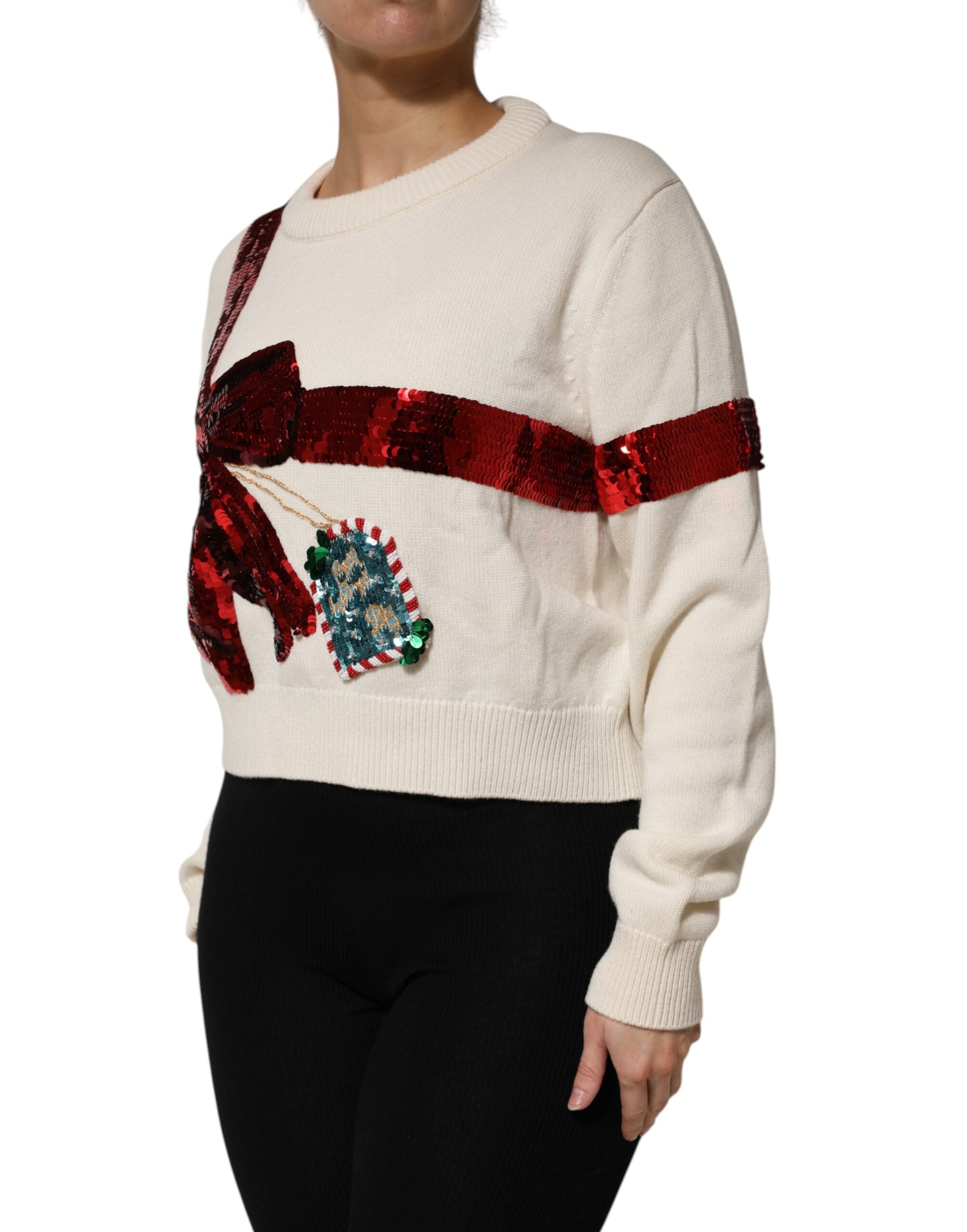 New Dolce & Gabbana White Sequined Crew Neck Pullover Sweater