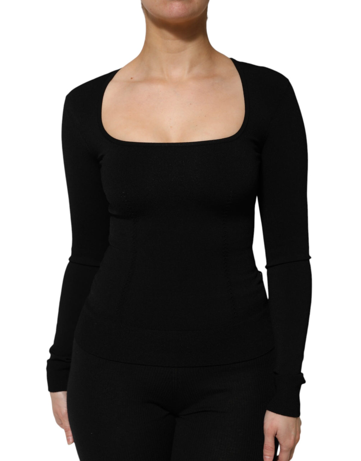 New Dolce & Gabbana Black Square Neck Long Sleeves Pullover Top