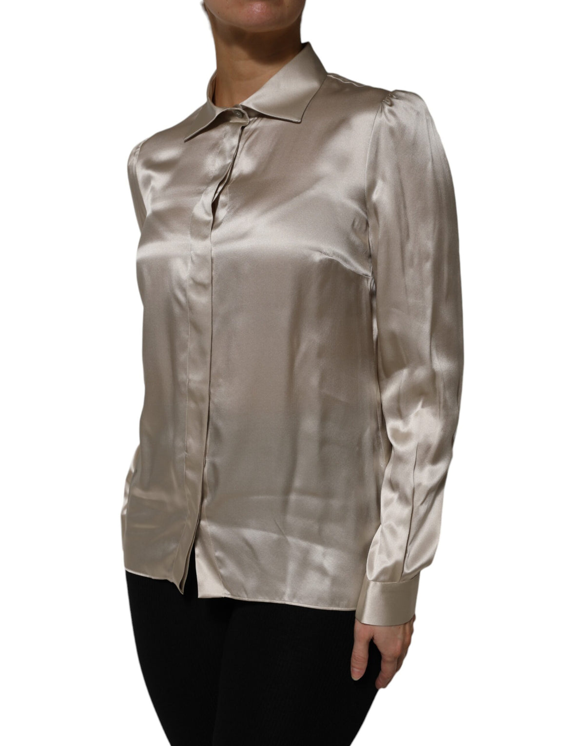 Dolce & Gabbana Beige Satin Silk Collared Long Sleeves Top