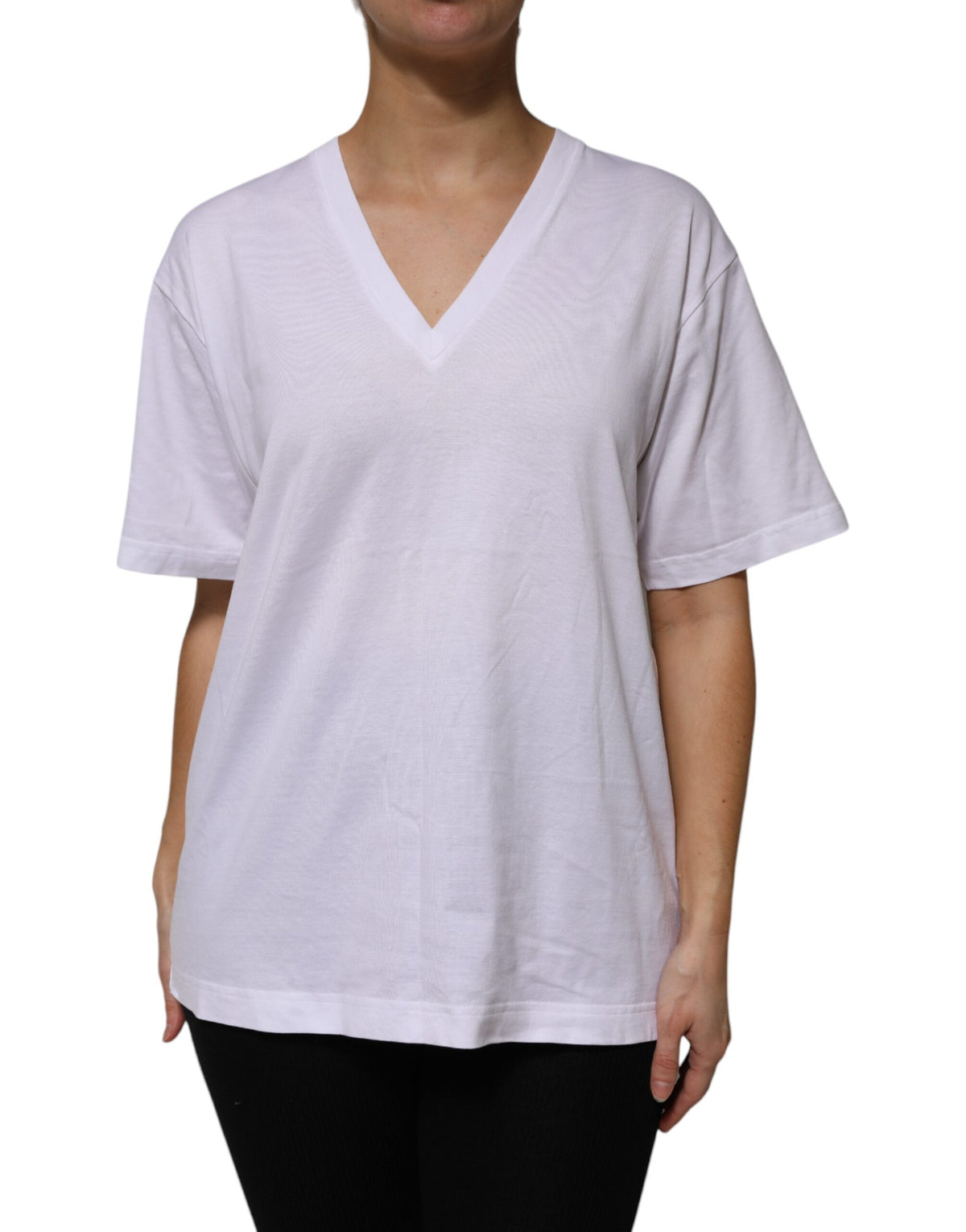 New Dolce & Gabbana White Cotton Short Sleeves V-neck T-shirt