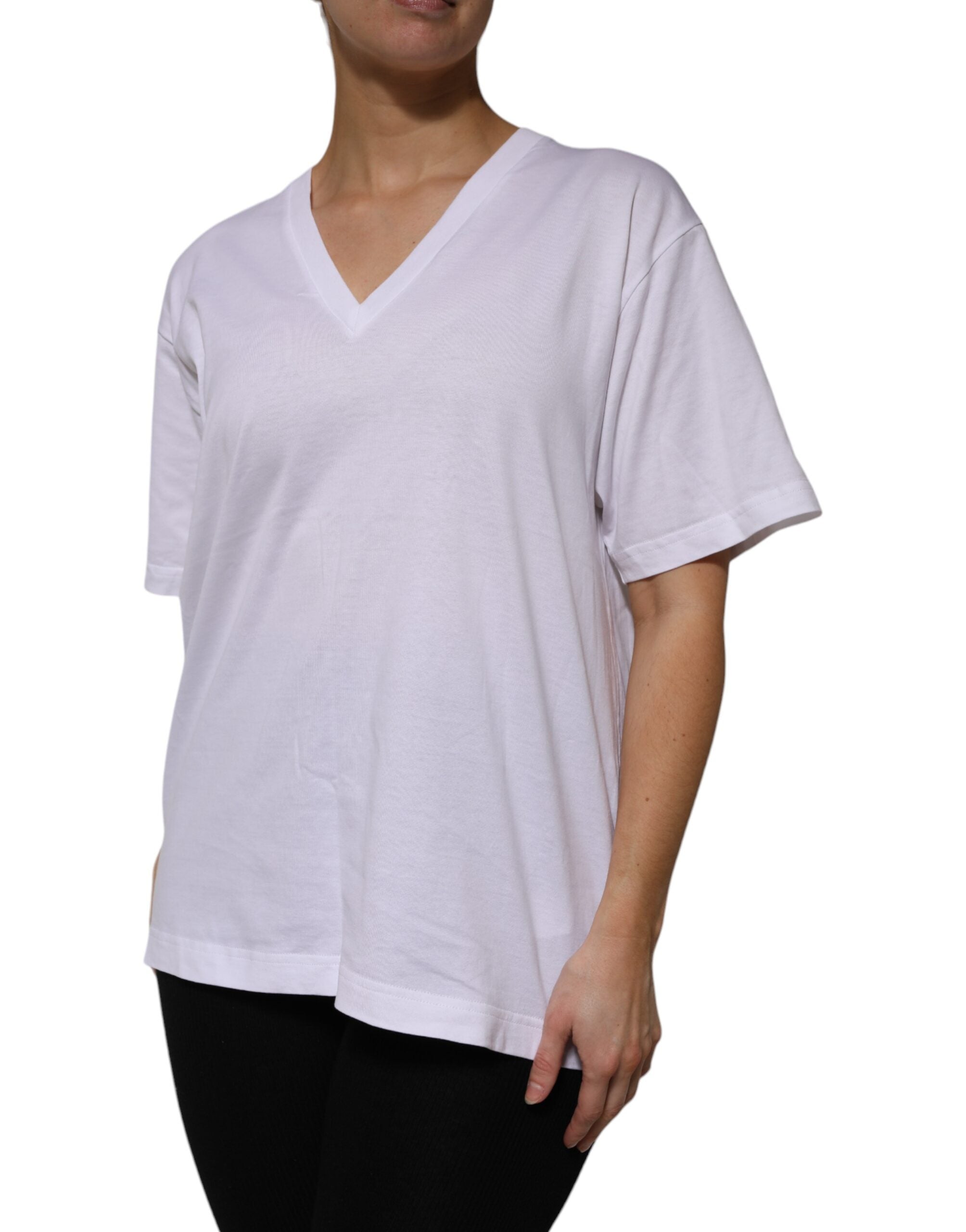 New Dolce & Gabbana White Cotton Short Sleeves V-neck T-shirt