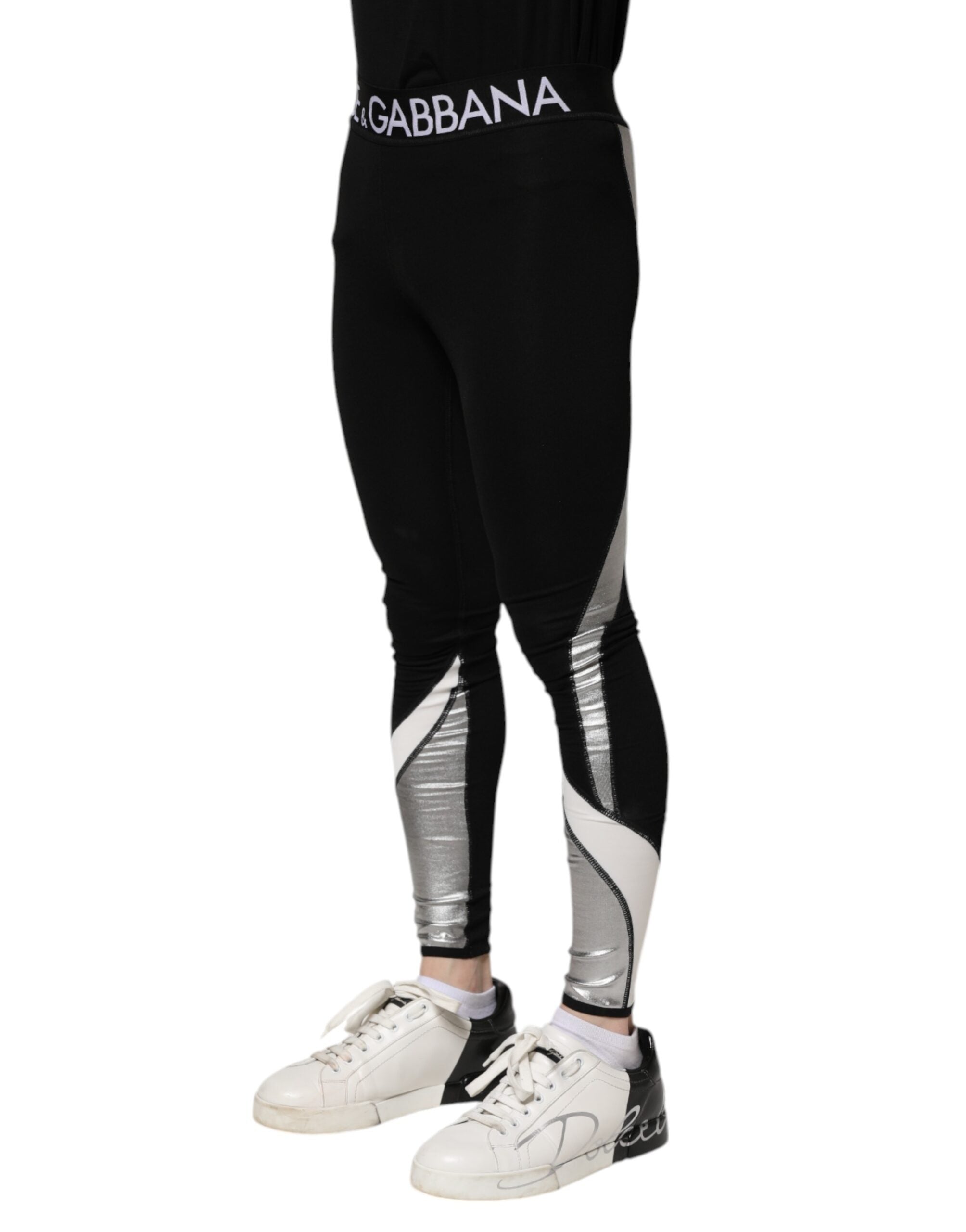 New Dolce & Gabbana Black Silver Nylon Skinny Men Leggings Pants