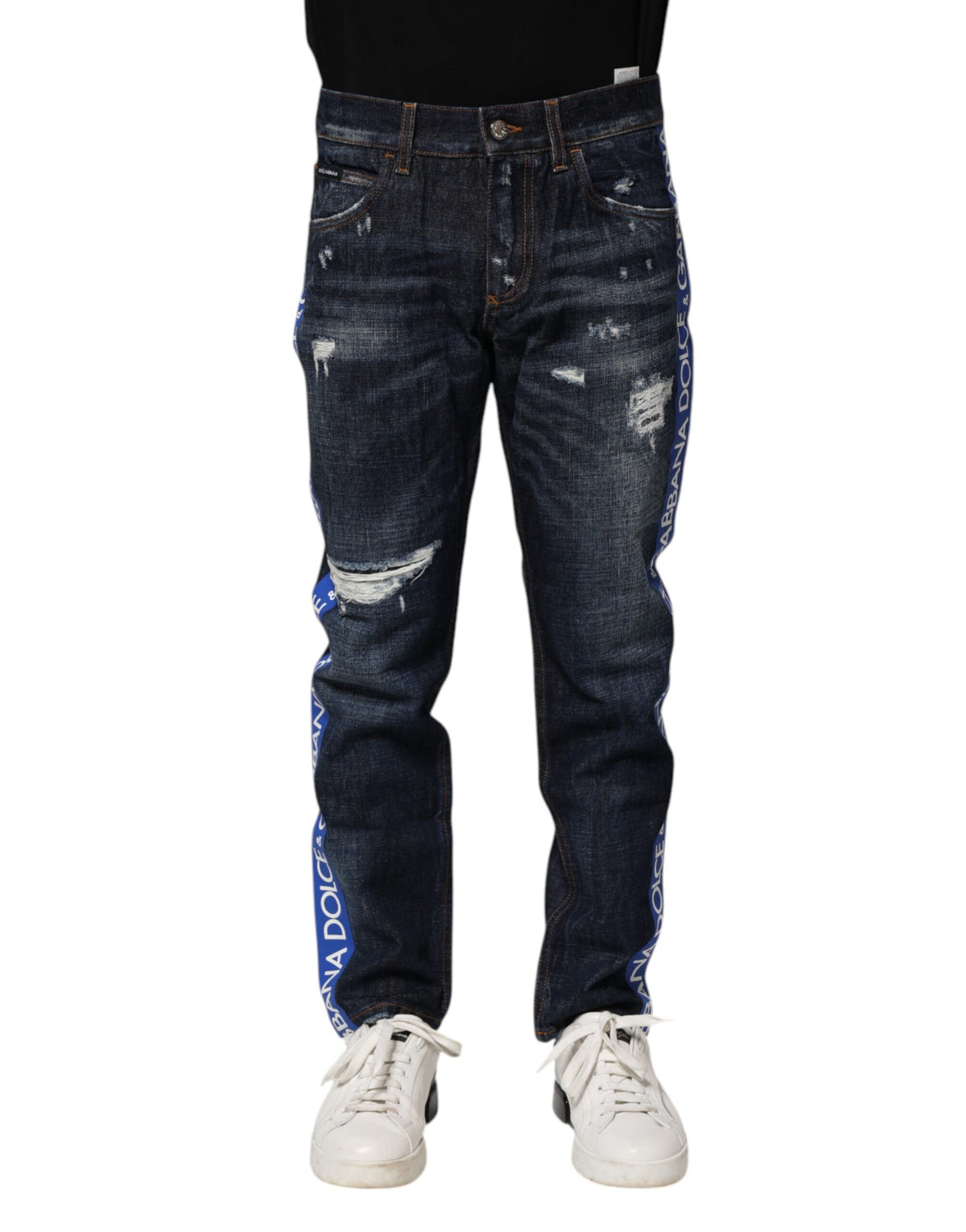 New Dolce & Gabbana Dark Blue Tattered Skinny Denim Jeans
