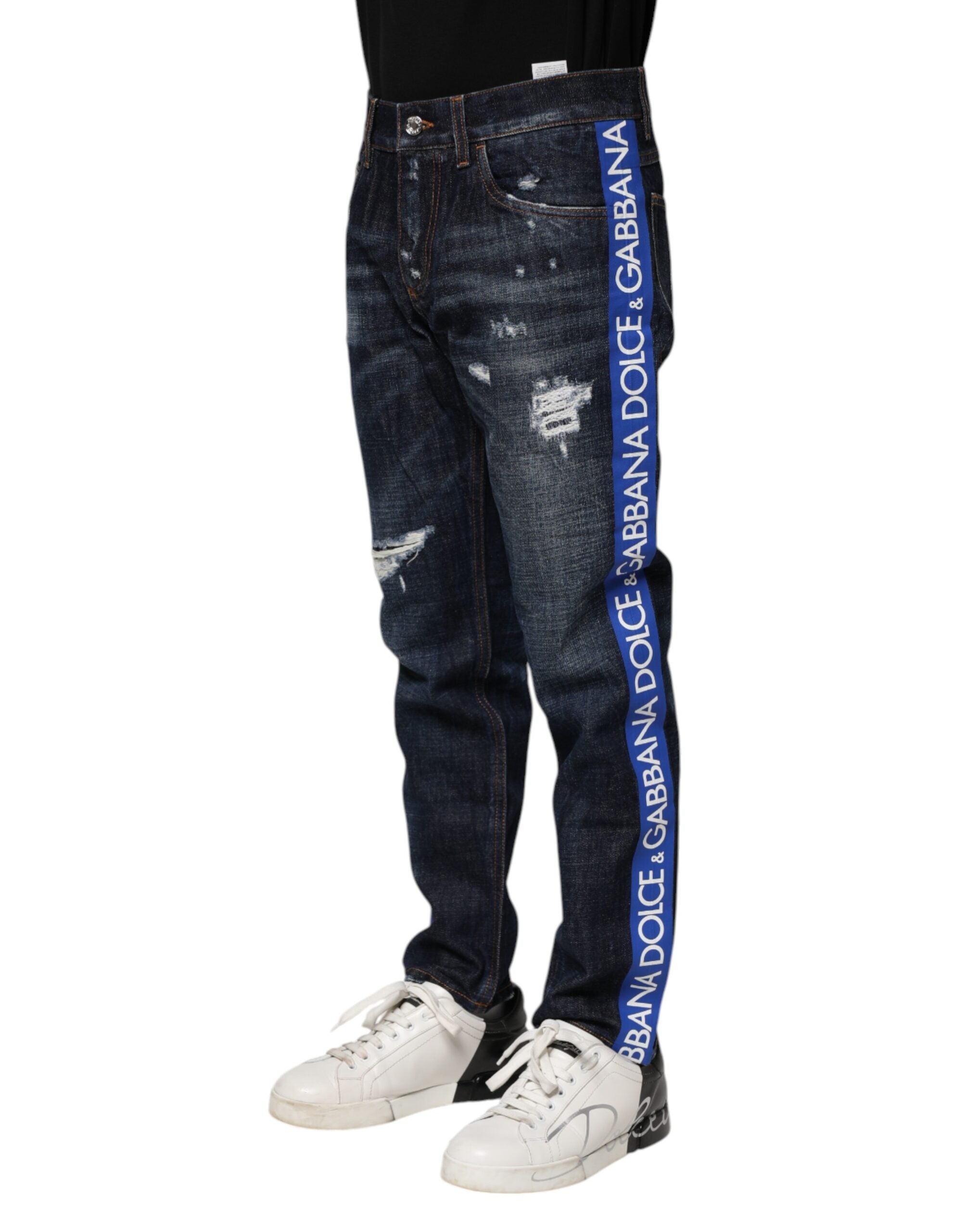 New Dolce & Gabbana Dark Blue Tattered Skinny Denim Jeans