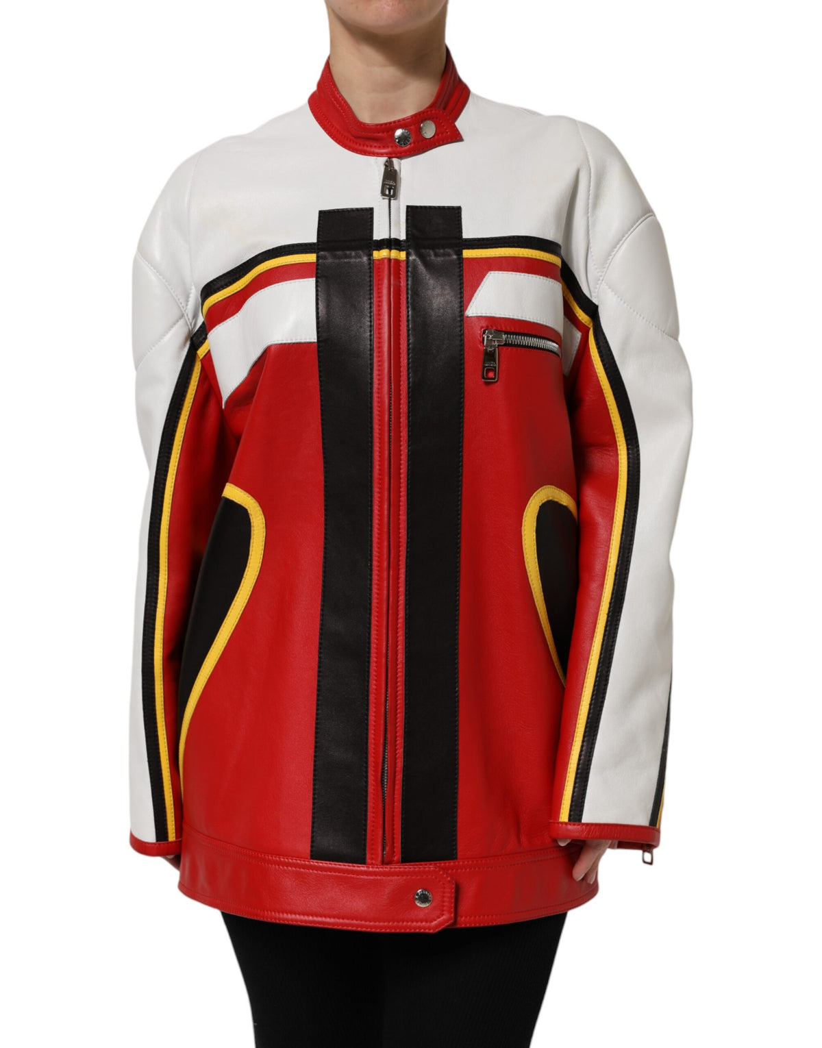 New Dolce & Gabbana Leather Biker Full Zip Coat Jacket