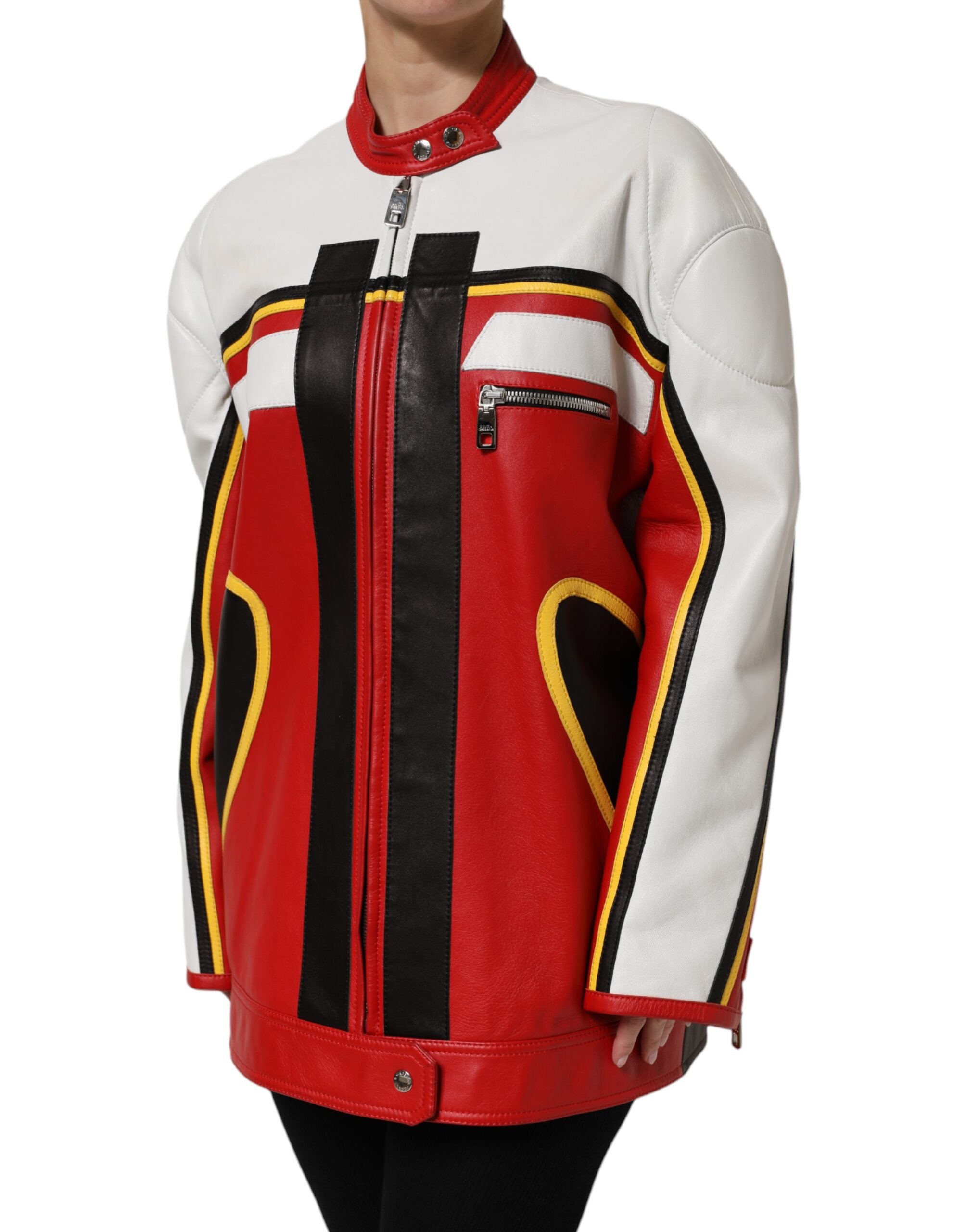 New Dolce & Gabbana Leather Biker Full Zip Coat Jacket