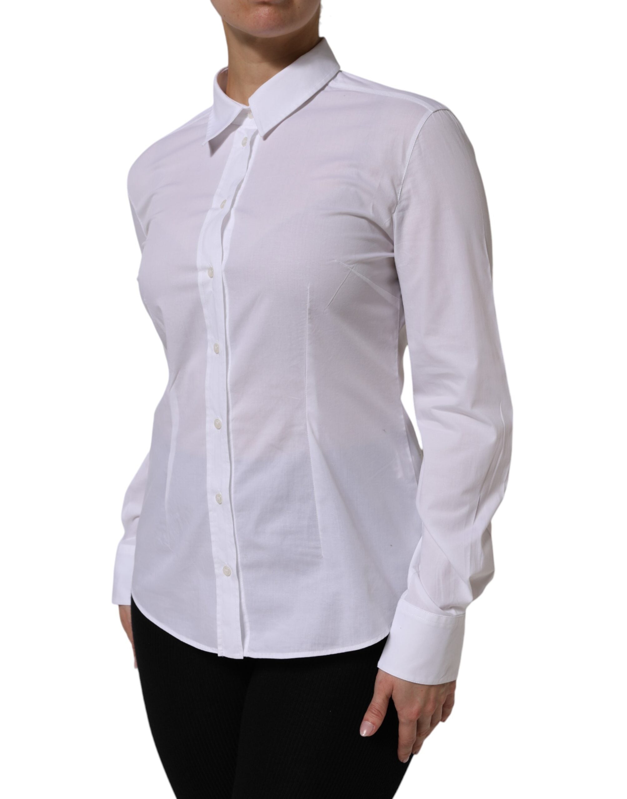 New Dolce & Gabbana White Cotton Long Sleeves Collared Top Shirt