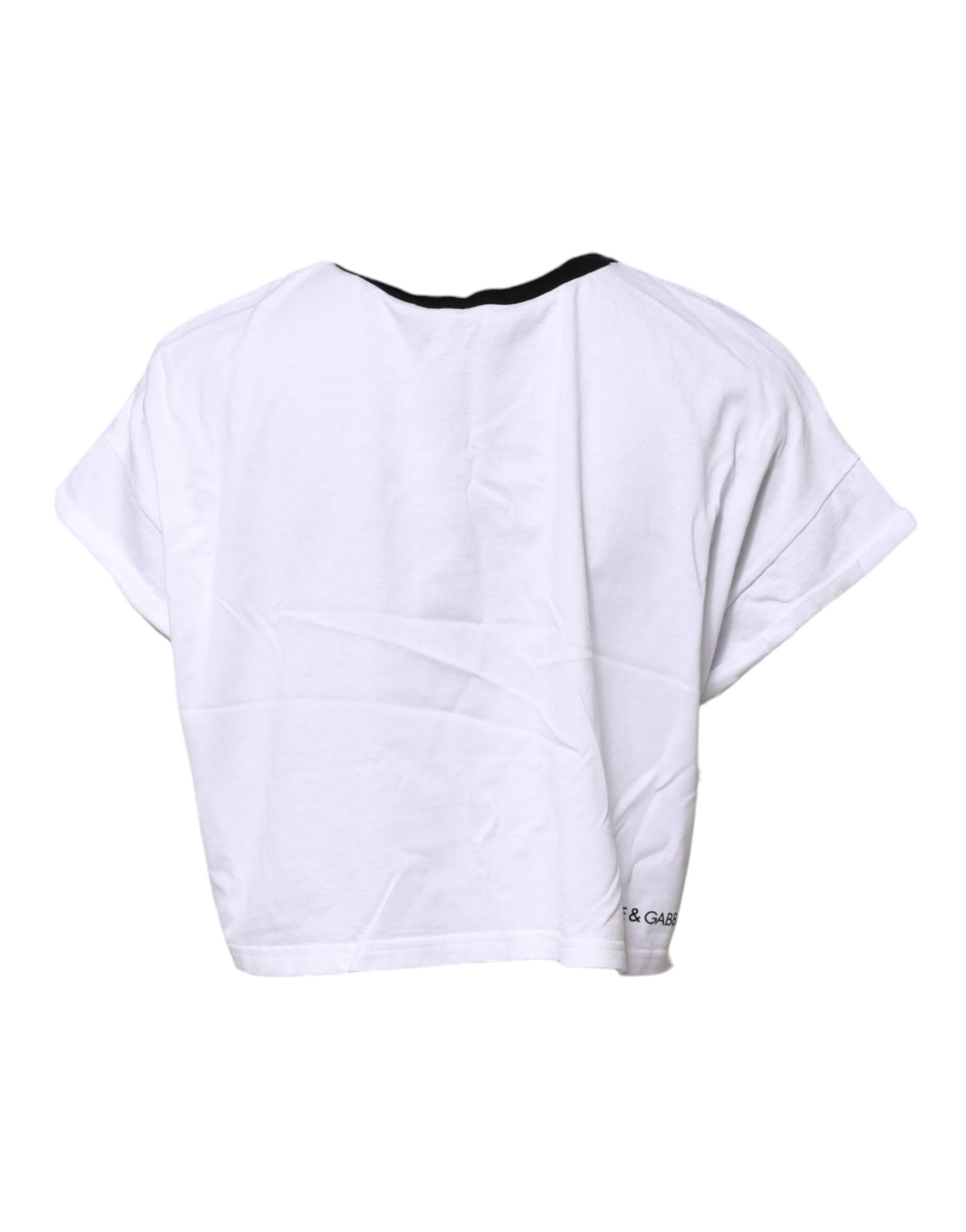 New Dolce & Gabbana White Graphic Print Crew Neck Cropped T-shirt