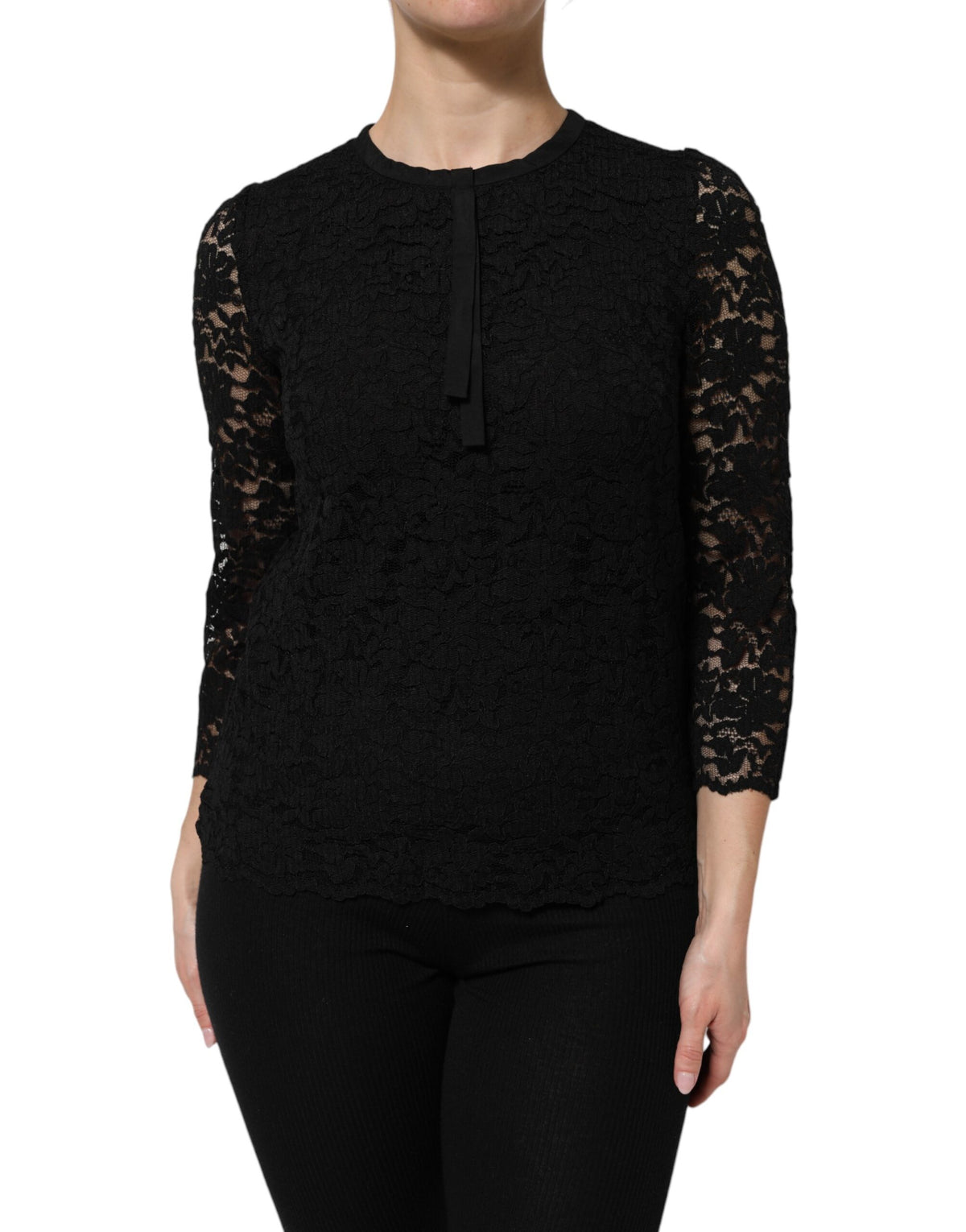 New Dolce & Gabbana Black Nylon Lace Long Sleeve Blouse Top