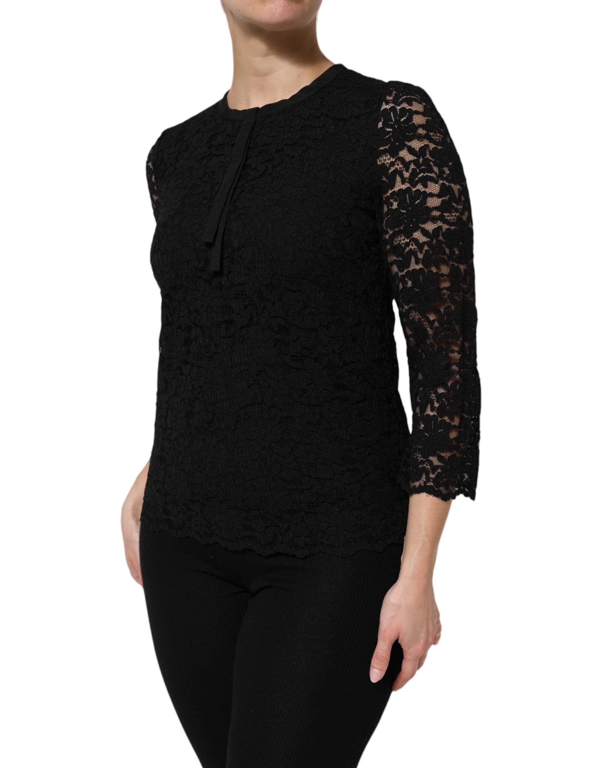 New Dolce & Gabbana Black Nylon Lace Long Sleeve Blouse Top
