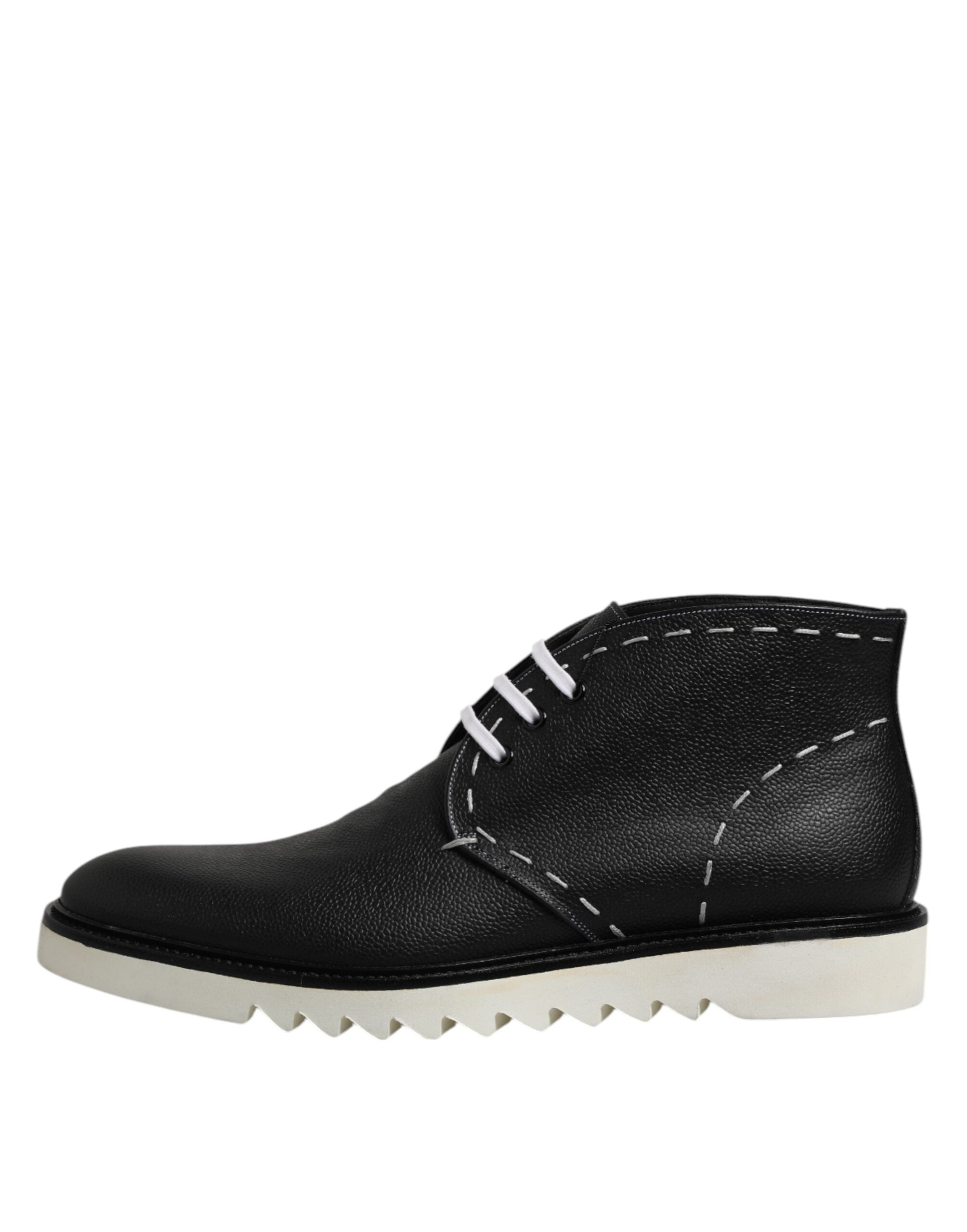 Dolce & Gabbana Black White Leather Ankle Boots Shoes