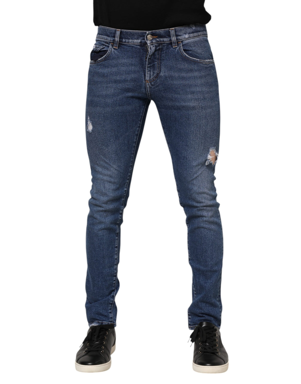 New Dolce & Gabbana Blue Cotton Logo Plaque Skinny Men Denim Jeans