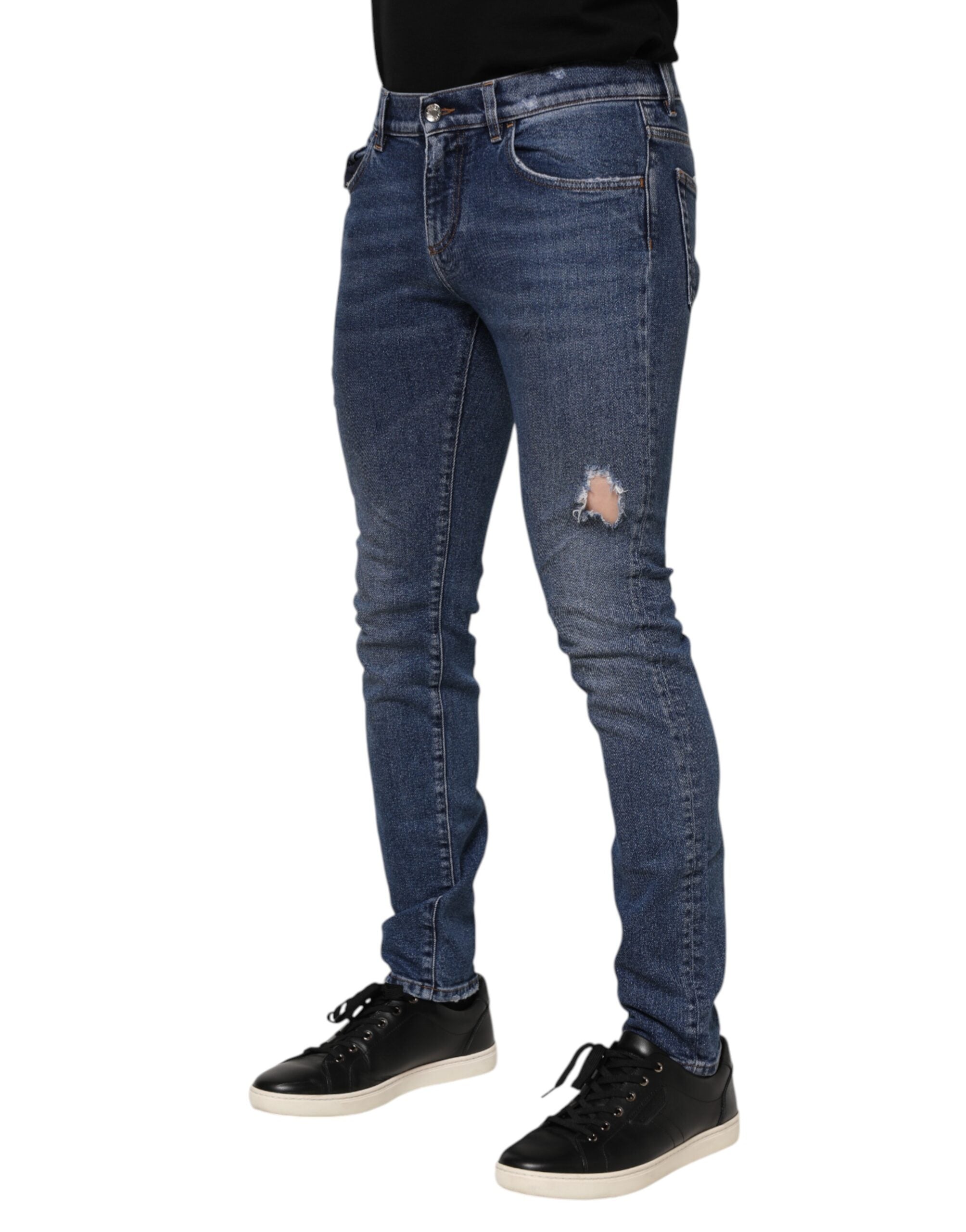 New Dolce & Gabbana Blue Cotton Logo Plaque Skinny Men Denim Jeans