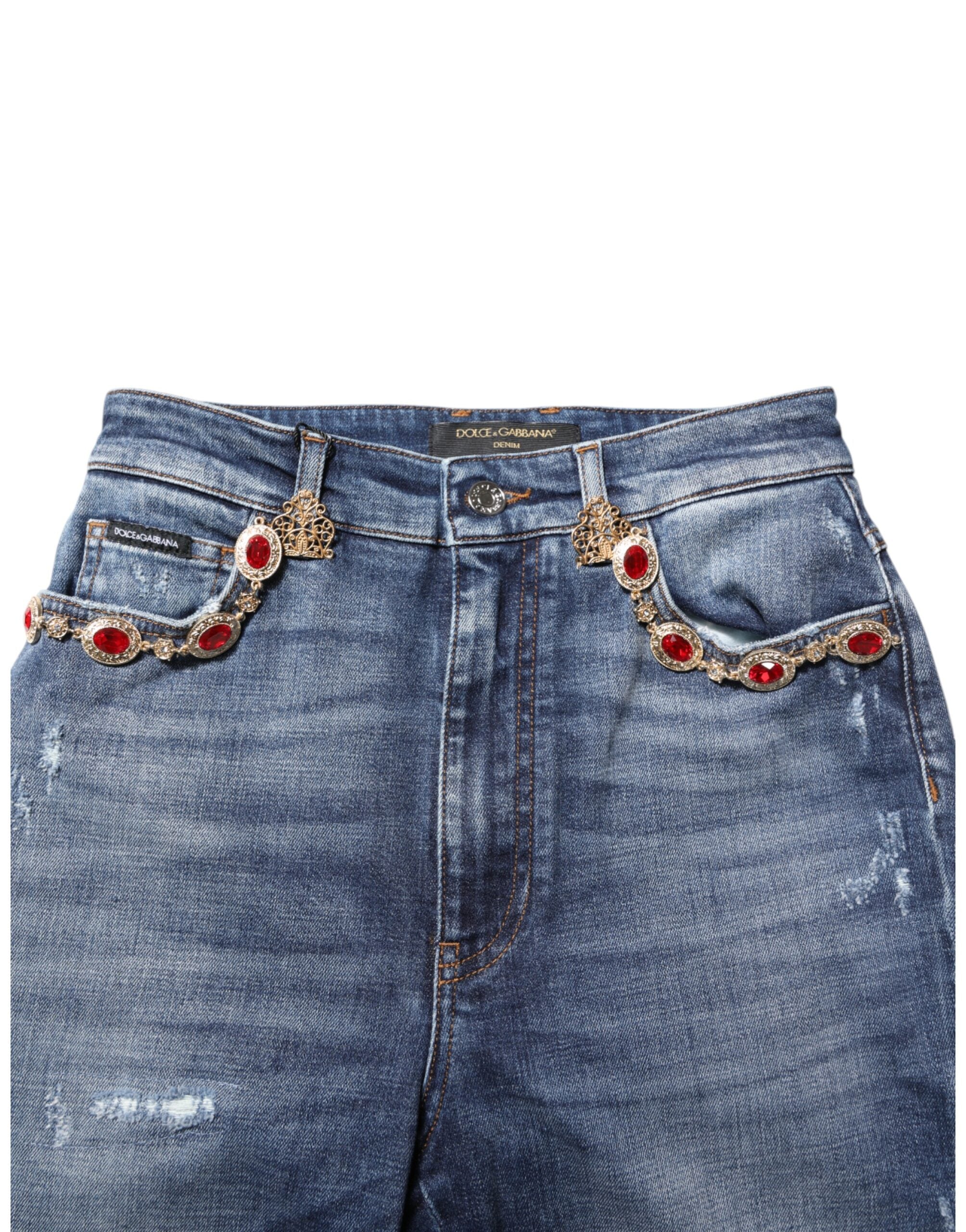 New Dolce & Gabbana Blue Rhinestone Embellished Denim Jeans