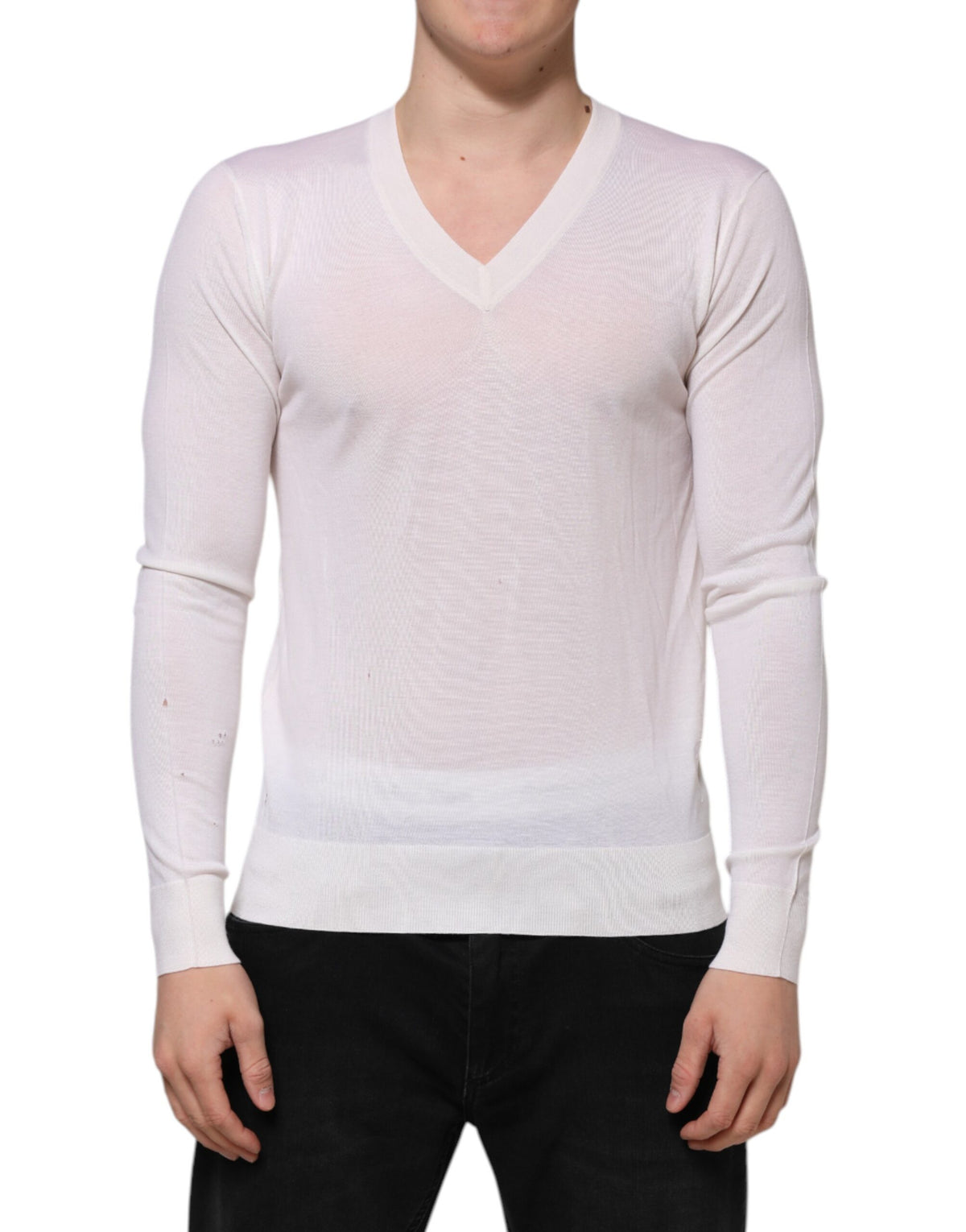 Dolce & Gabbana White Cashmere Logo V-neck Pullover Sweater