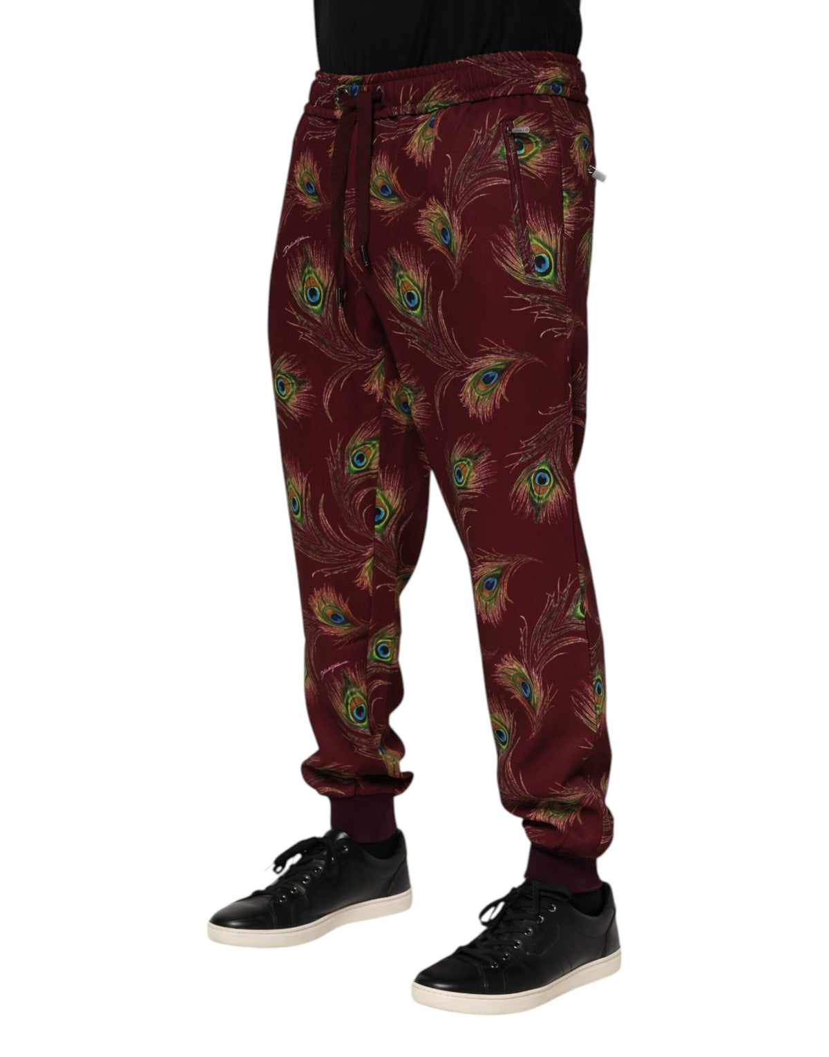 Dolce & Gabbana Burgundy Peacock Feather Print Jogger Pants