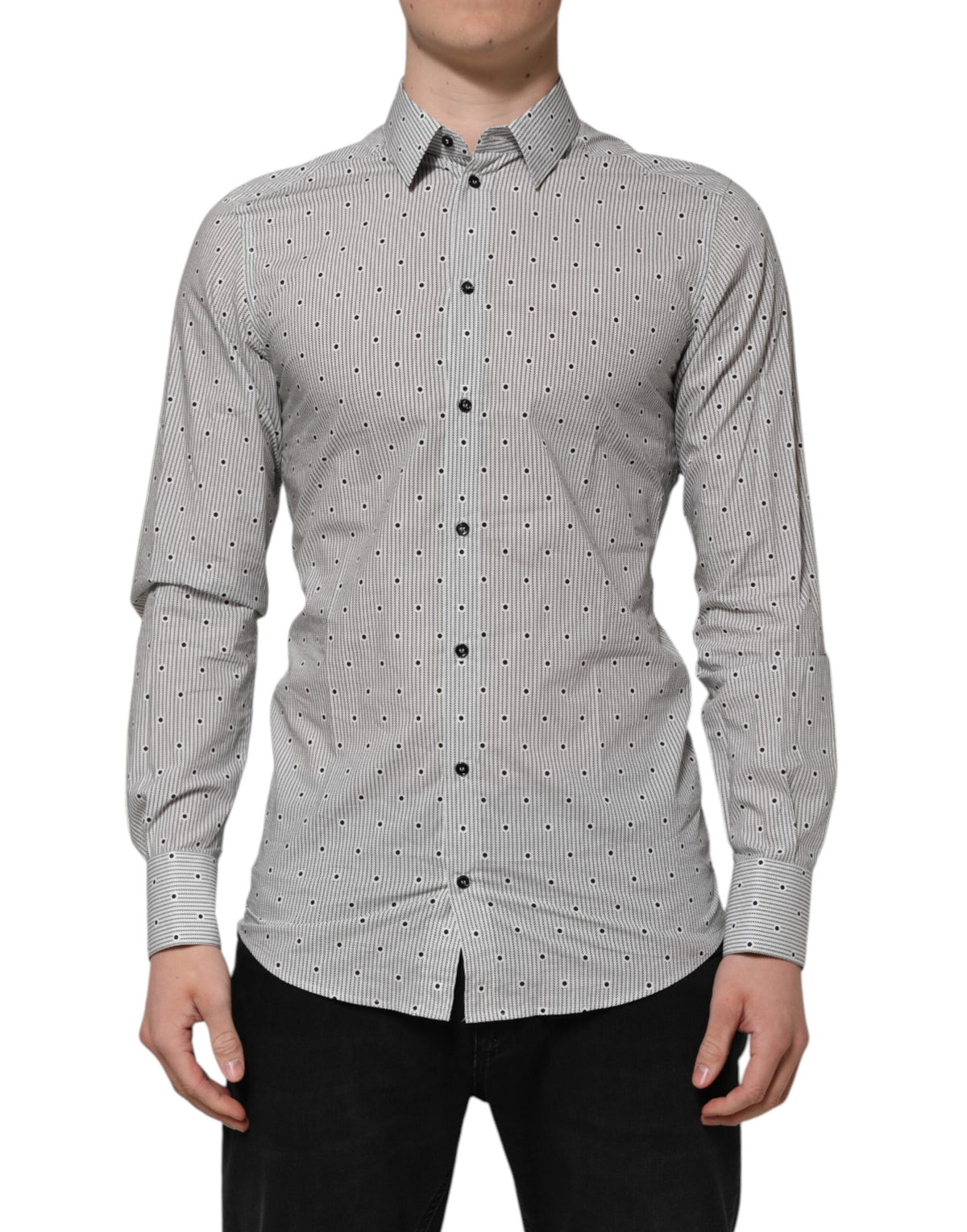 New Dolce & Gabbana Gray Dotted Semi Fitted GOLD Men Formal Shirt