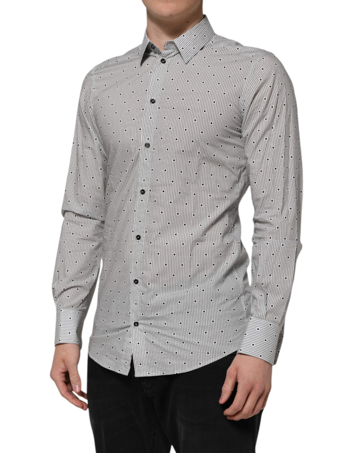 New Dolce & Gabbana Gray Dotted Semi Fitted GOLD Men Formal Shirt