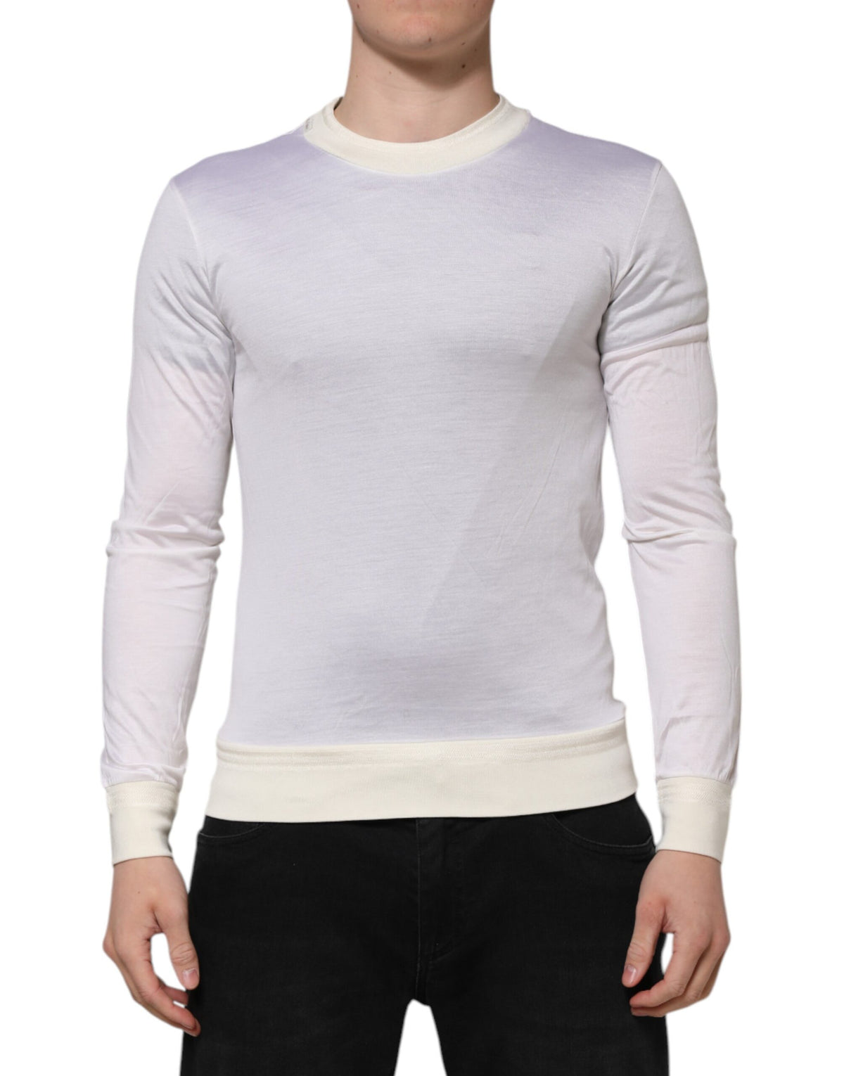 New Dolce & Gabbana White Silk Crew Neck Long Sleeves T-shirt