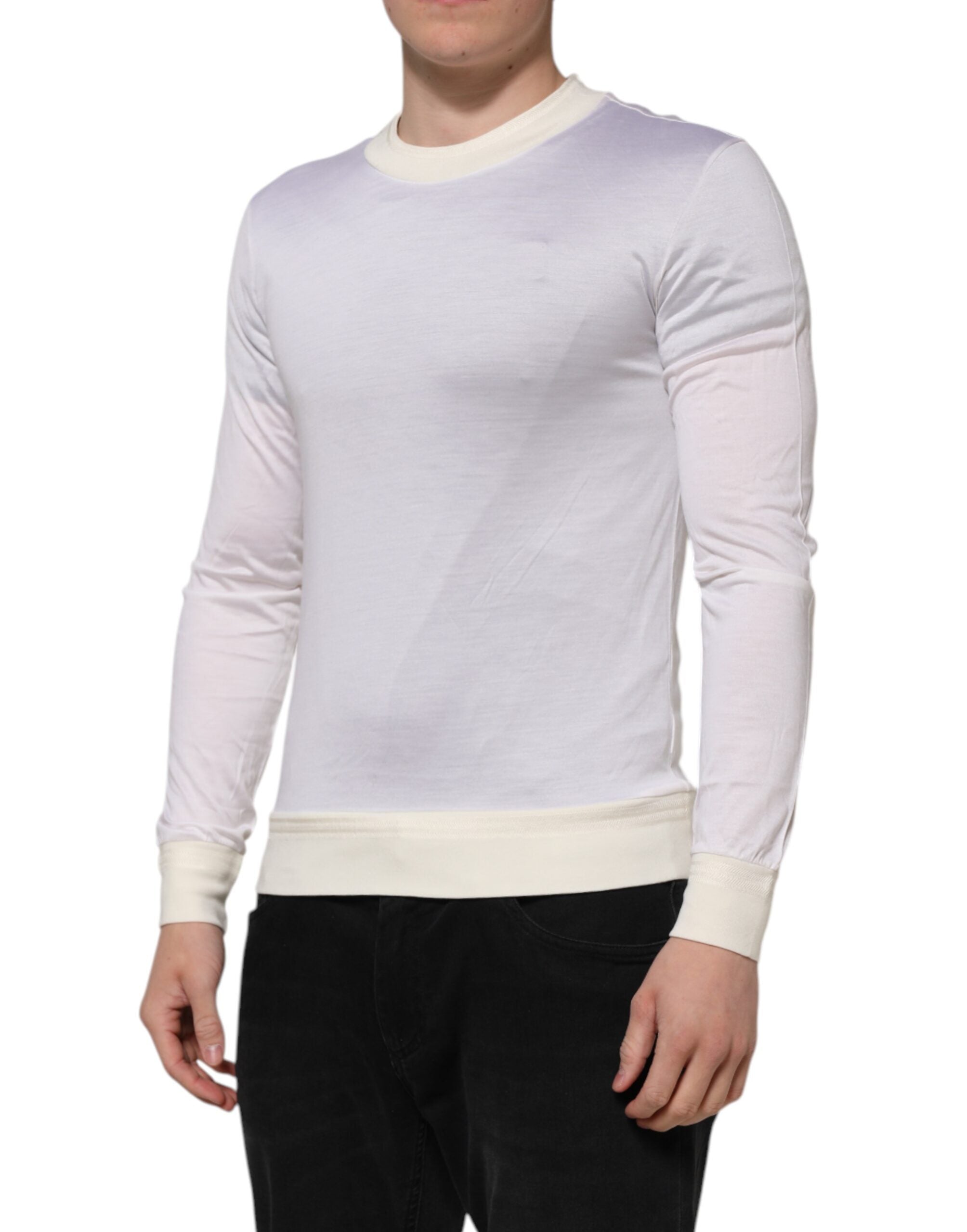 New Dolce & Gabbana White Silk Crew Neck Long Sleeves T-shirt