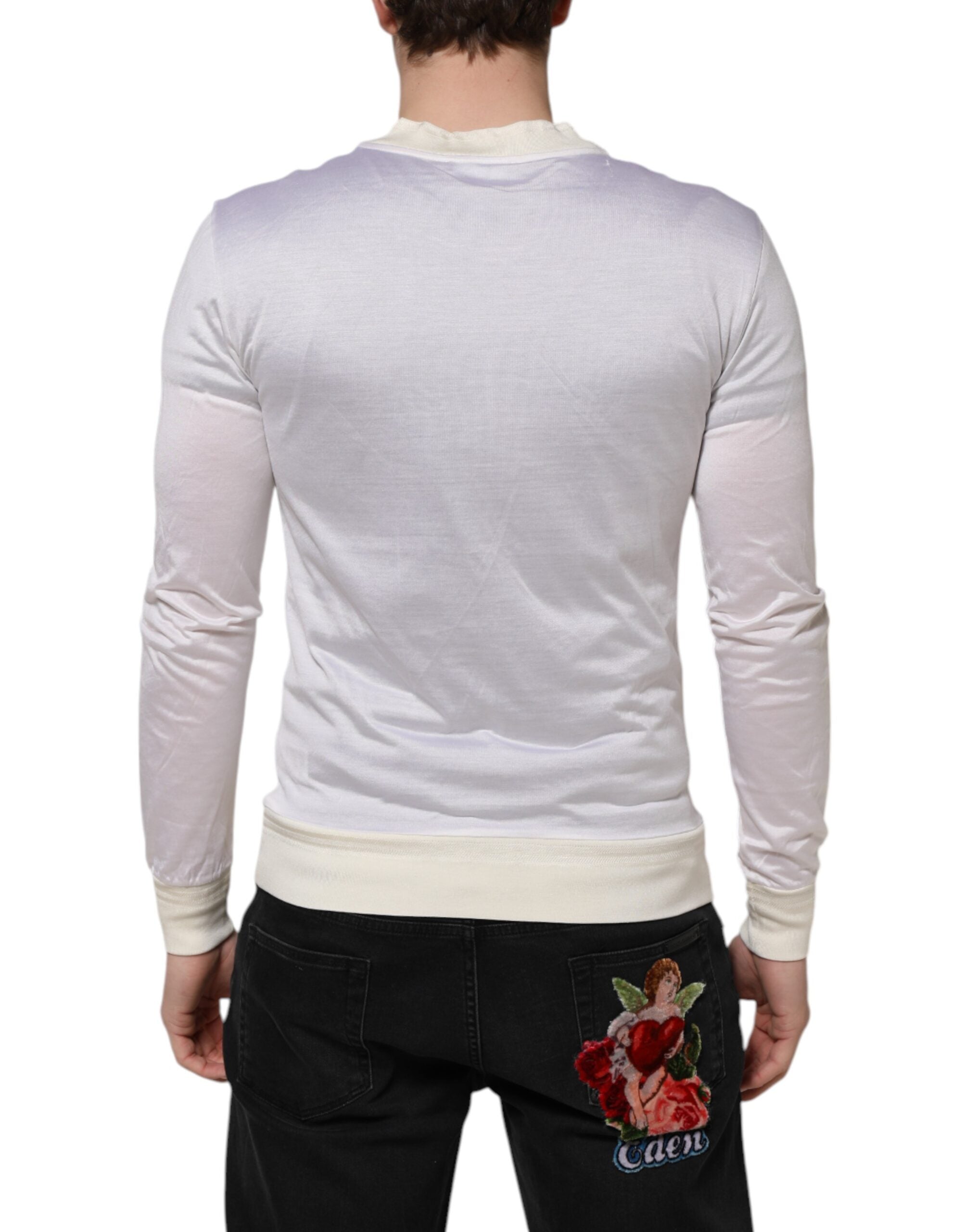 New Dolce & Gabbana White Silk Crew Neck Long Sleeves T-shirt