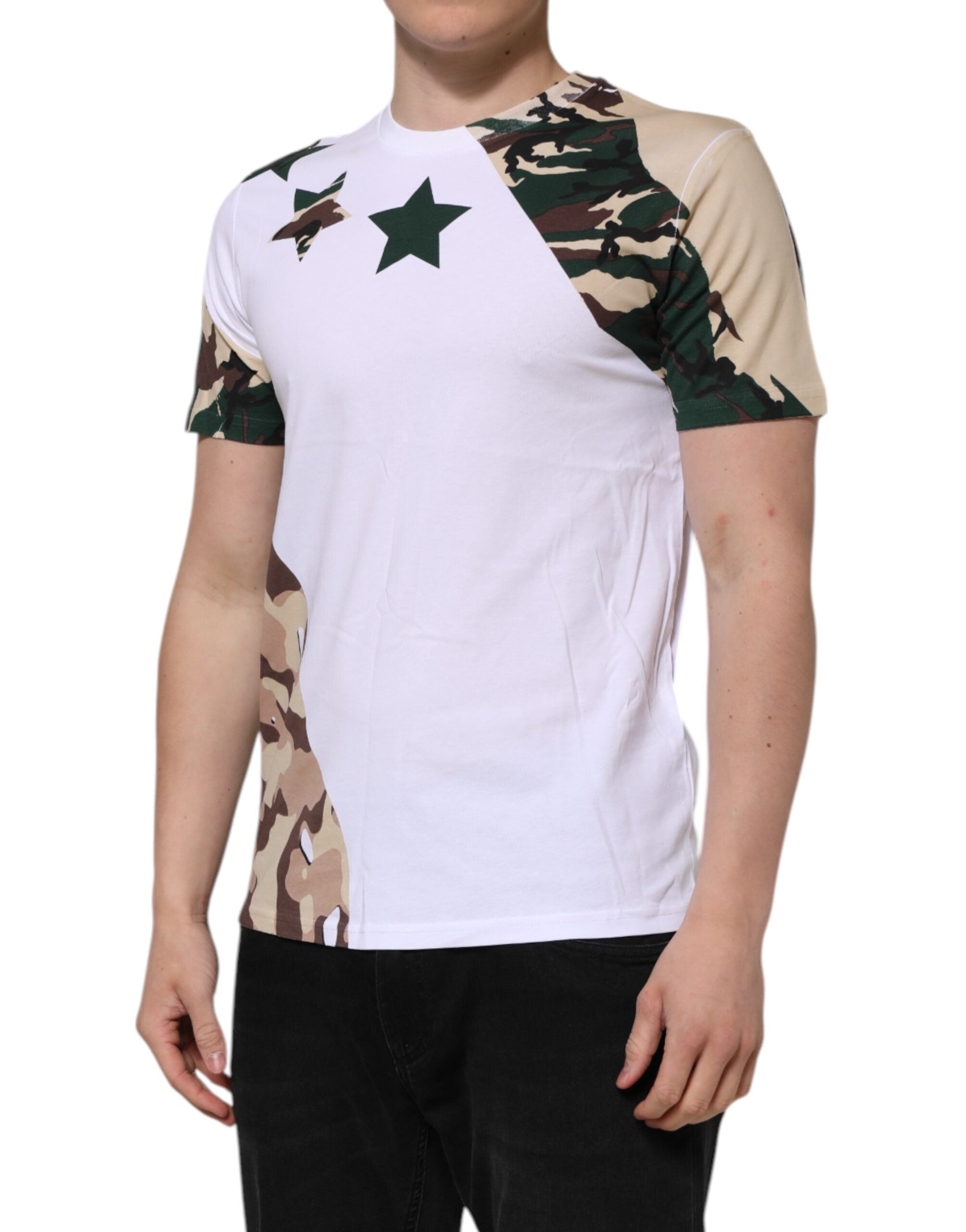 Dolce & Gabbana White Camouflage Cotton Men Crew Neck T-shirt