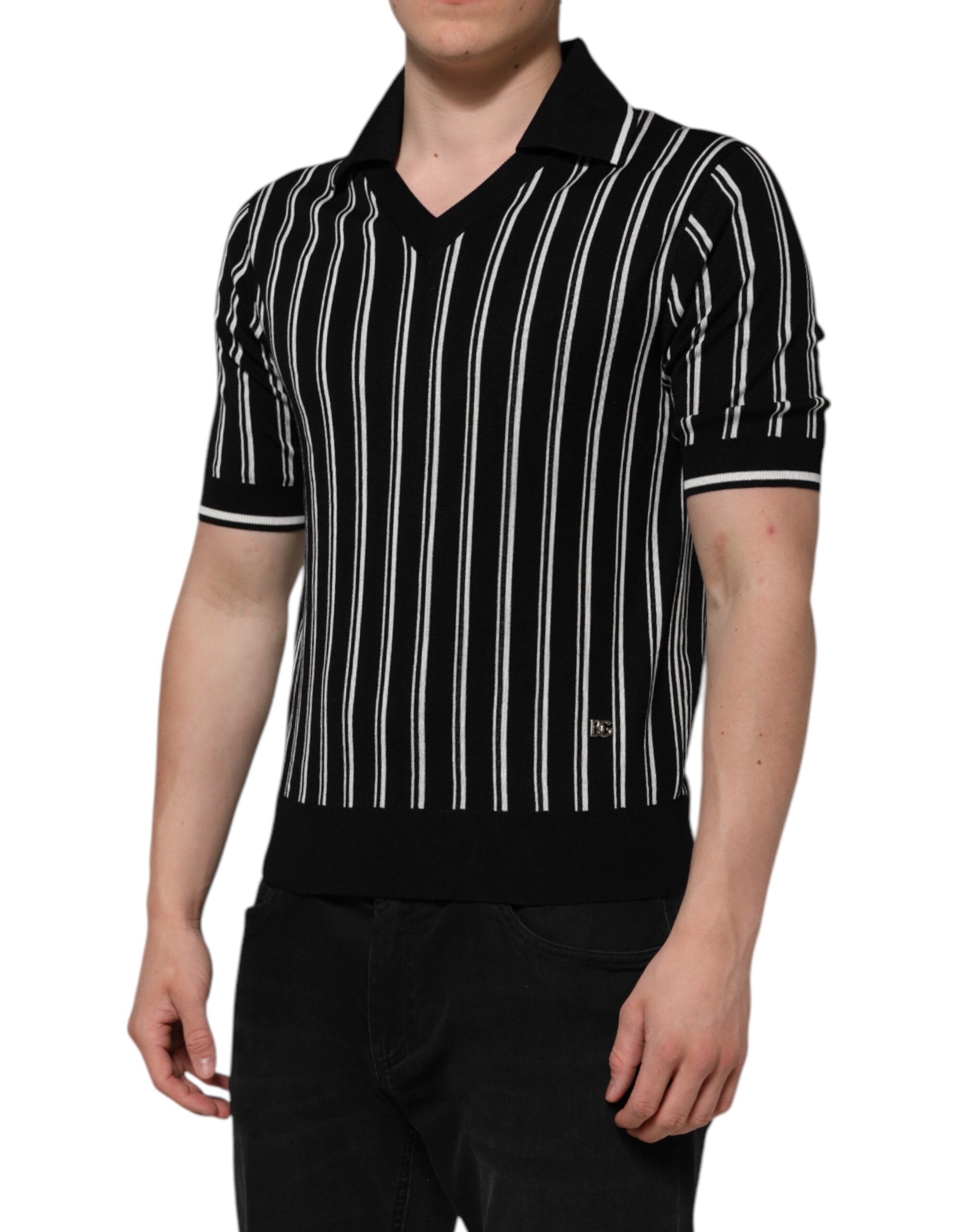 New Dolce & Gabbana Black White Stripes Collared Polo T-shirt
