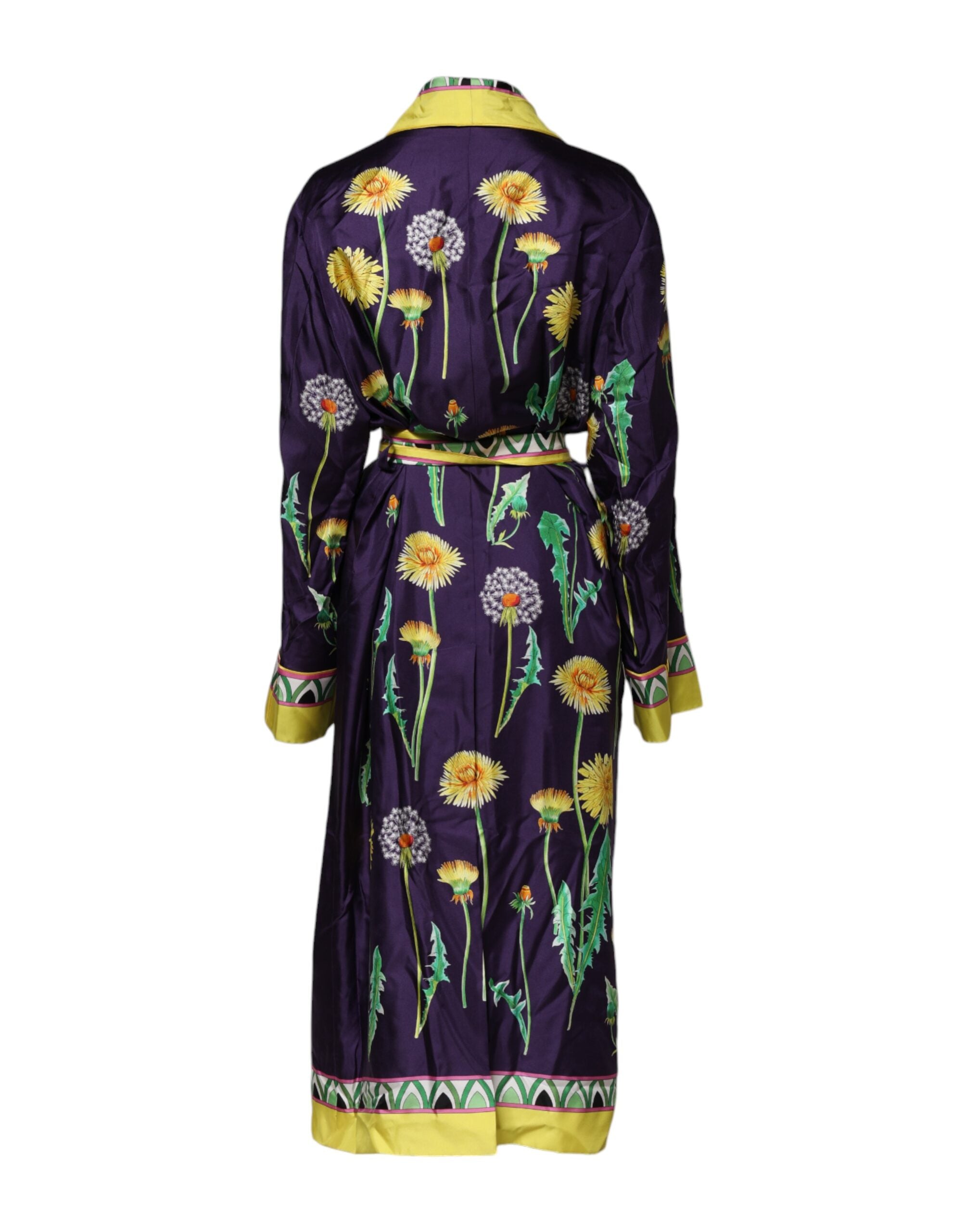 Pre-Owned Dolce & Gabbana Blue Floral Print Silk Long Sleeves Wrap Robe