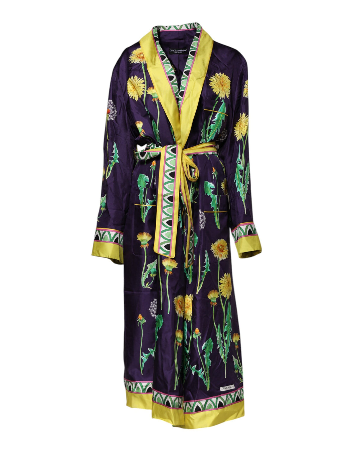 New Dolce & Gabbana Blue Floral Print Silk Long Sleeves Wrap Robe