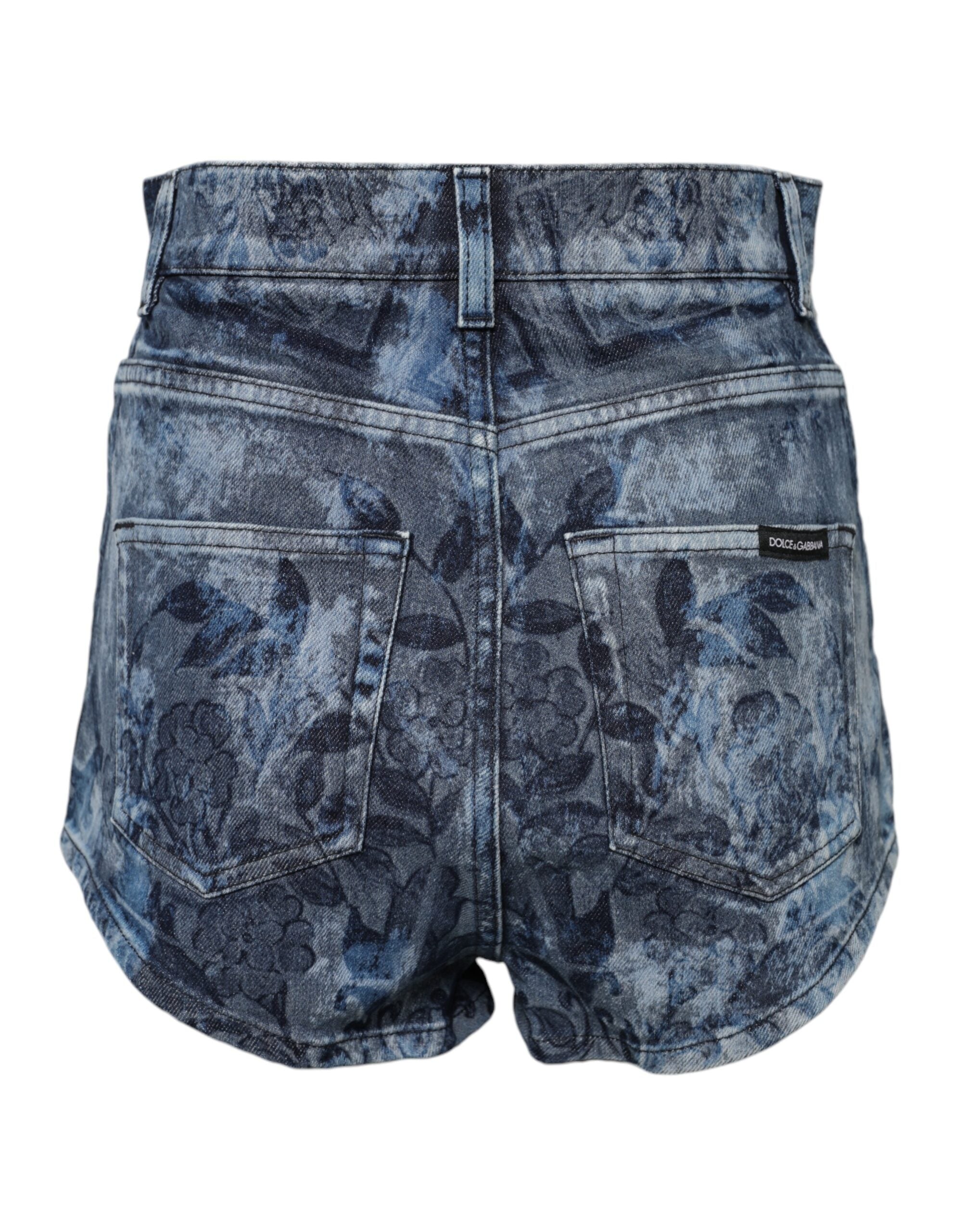 New Dolce & Gabbana Blue Floral Print Denim Cotton Hot Pants Shorts